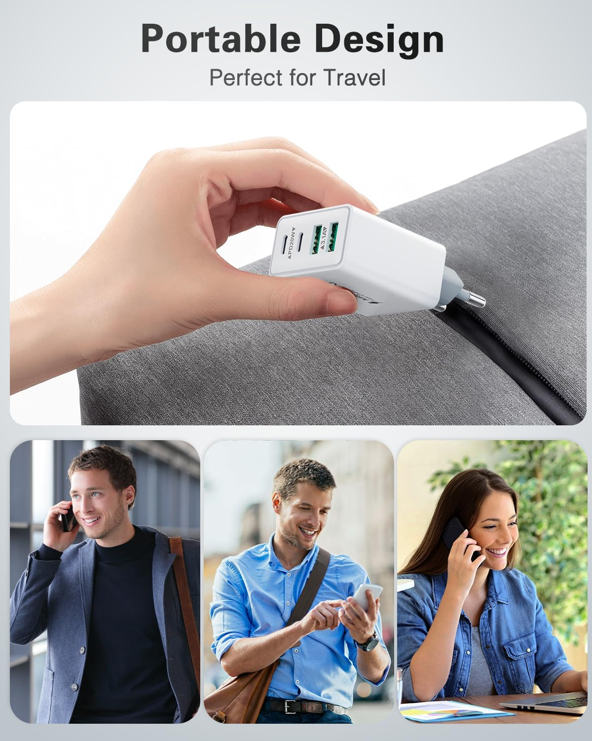 Eine Hand hält ein weißes Ladegerät. Darunter drei Personen, die Telefone benutzen. Text: Tragbares Design, perfekt für Reisen.