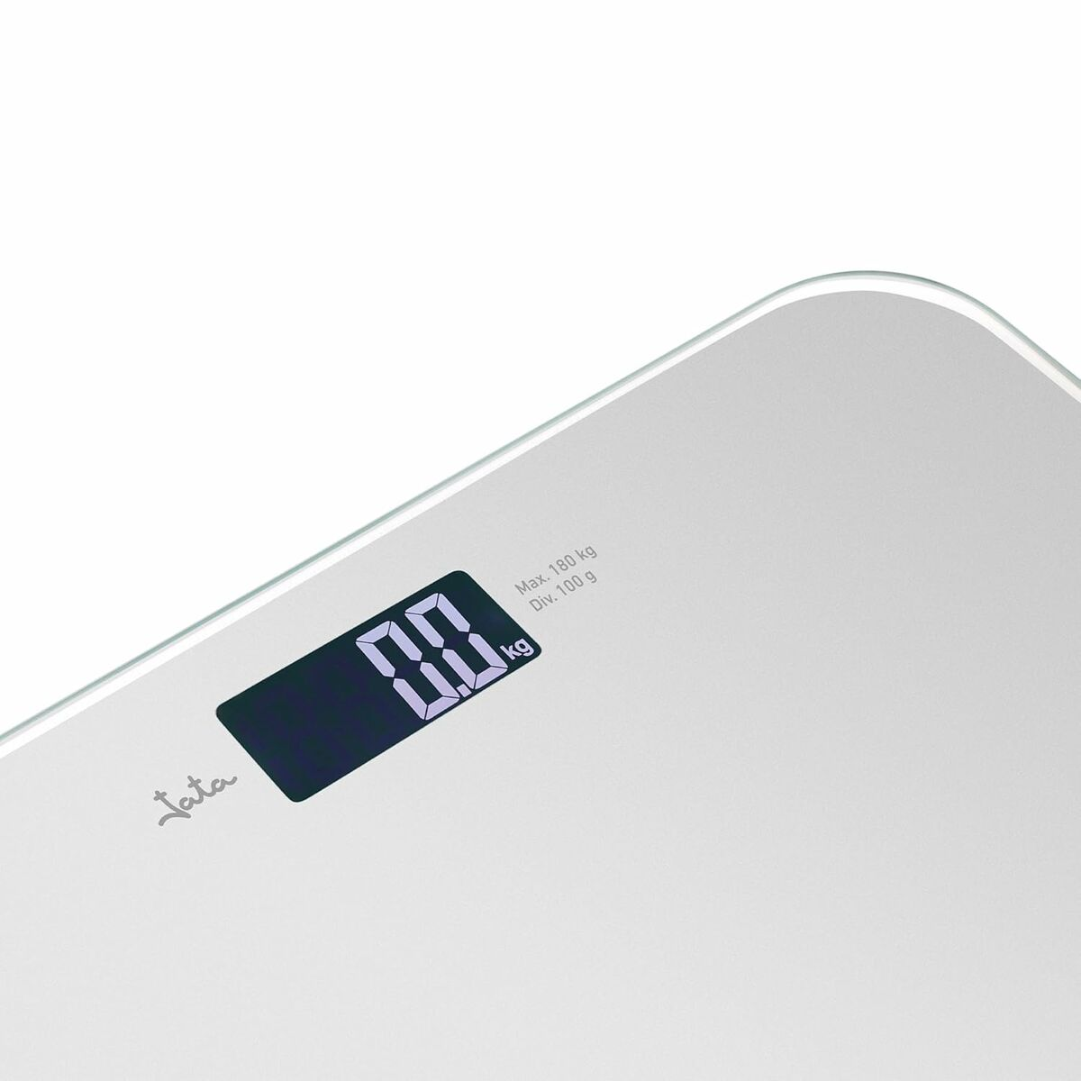 Biała cyfrowa waga łazienkowa wyświetla 0,0 kg. Ma czarny wyświetlacz cyfrowy i widoczna jest nazwa marki 'Jata'.