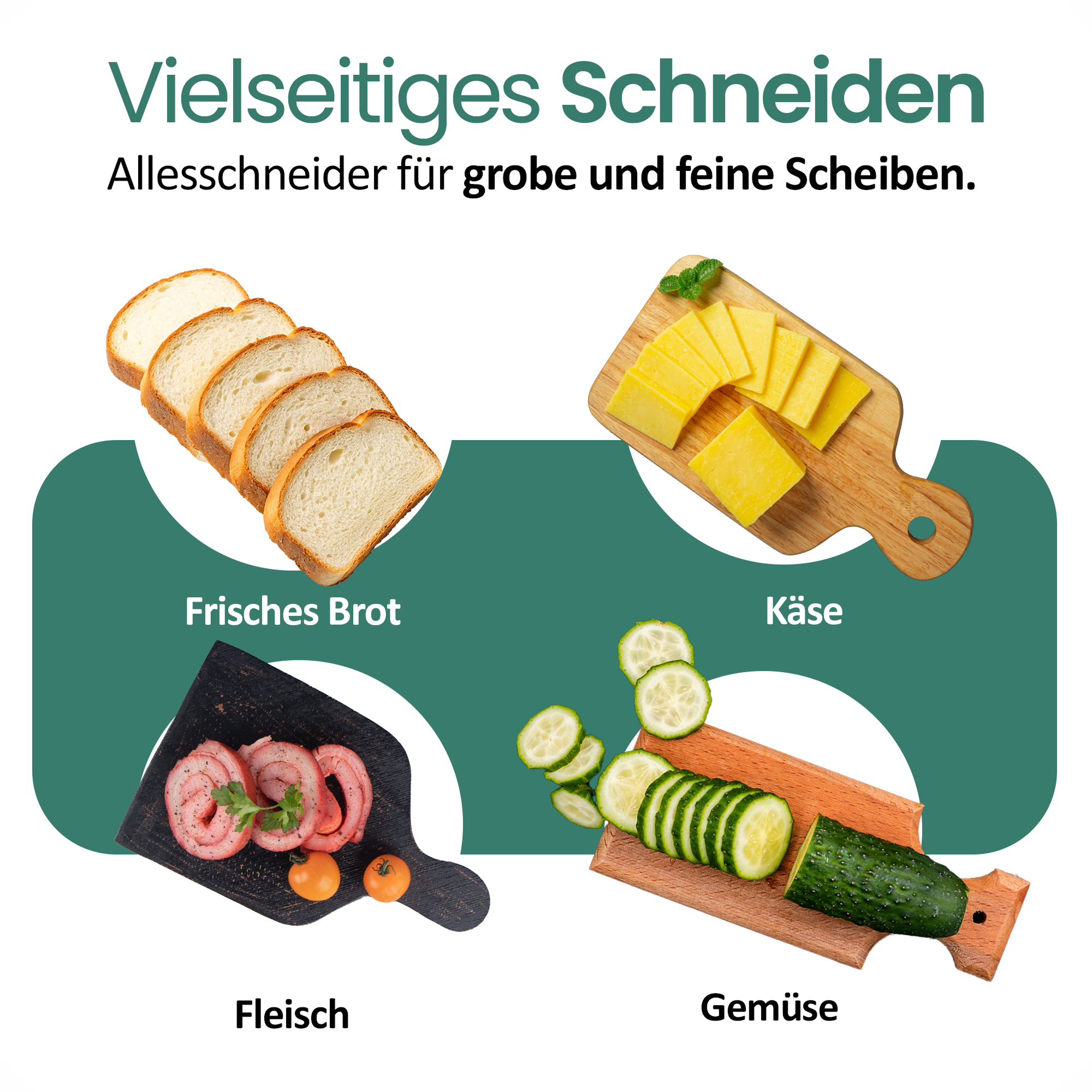 Das Bild zeigt Brot, Käse, Fleisch und Gemüse, alles in Scheiben geschnitten. Text sagt 'Vielseitiges Schneiden'.