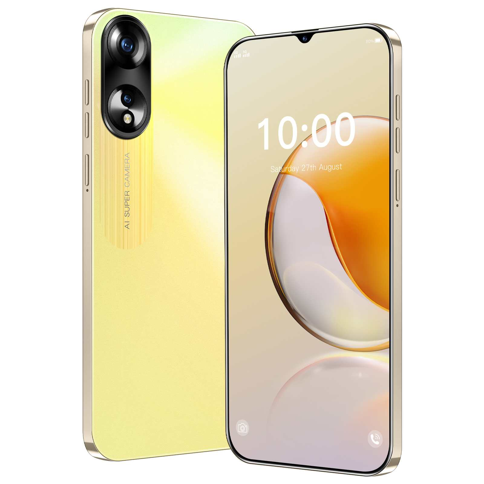 Ein gelbes Smartphone mit zwei Kameras und einem Bildschirm, der 10:00 Uhr am Samstag, den 27. August anzeigt. Das Telefon steht vor weißem Hintergrund.