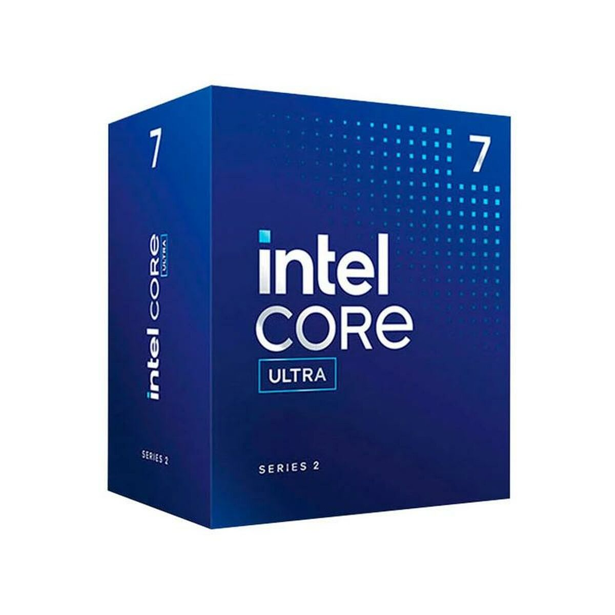 Una scatola blu Intel Core Ultra Serie 2. Ha il numero 7, il logo Intel Core Ultra e un motivo a puntini.