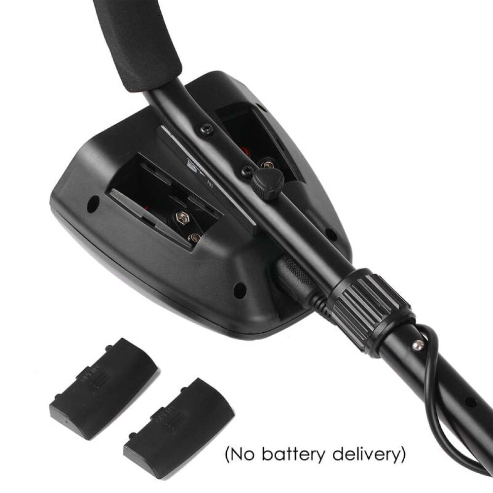 Ein schwarzer Metalldetektor mit Griff und zwei Batteriefächern. Der Text '(Keine Batterielieferung)' ist sichtbar.