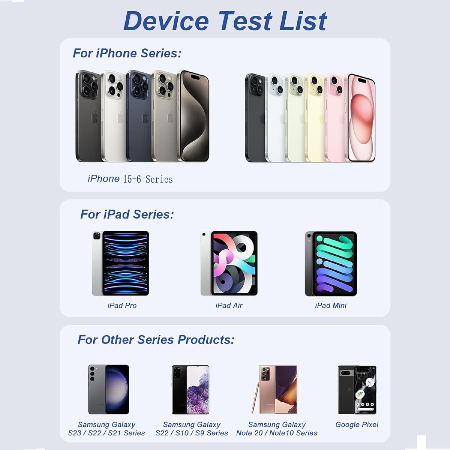 Das Bild zeigt eine Gerätetestliste mit iPhones, iPads und anderen Serienprodukten wie Samsung Galaxy und Google Pixel.