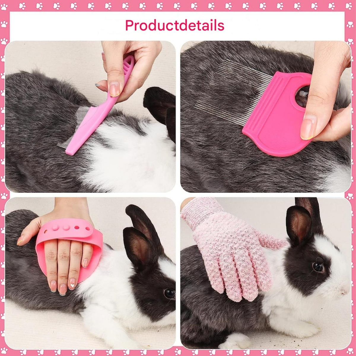 Vier Bilder zeigen ein Kaninchen, das mit verschiedenen Werkzeugen gepflegt wird: einem rosa Kamm, einem rosa Fäustling und einem rosa Handschuh.