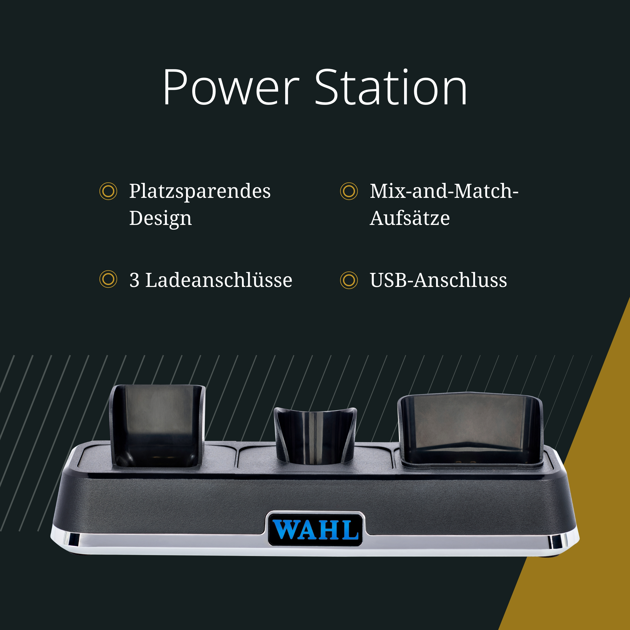 Eine schwarze Wahl-Powerstation mit drei Ladeschlitzen, dem Markennamen und Werbetext.
