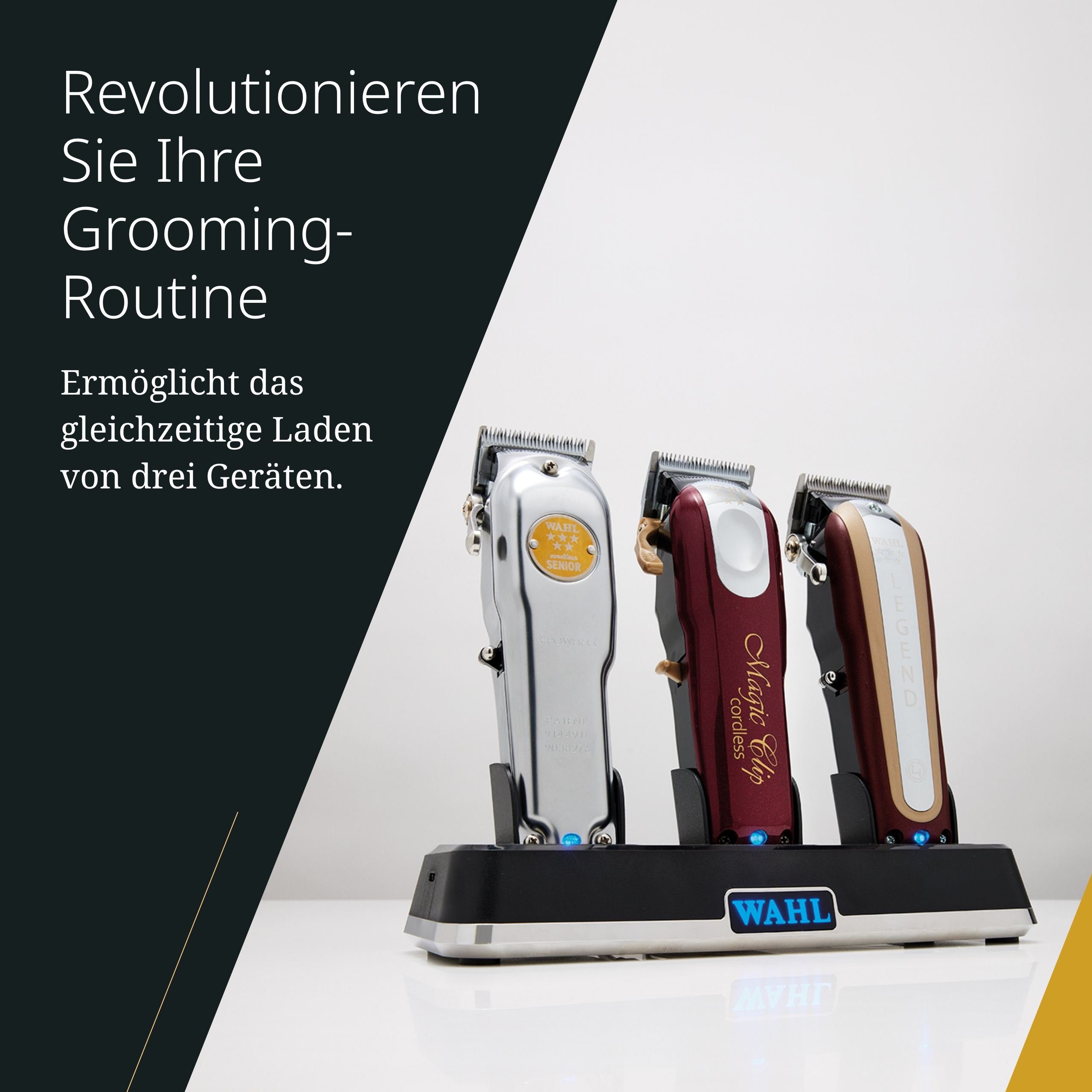 Drei kabellose Haarschneidemaschinen auf einer Ladestation. Text: Revolutionieren Sie Ihre Grooming-Routine.