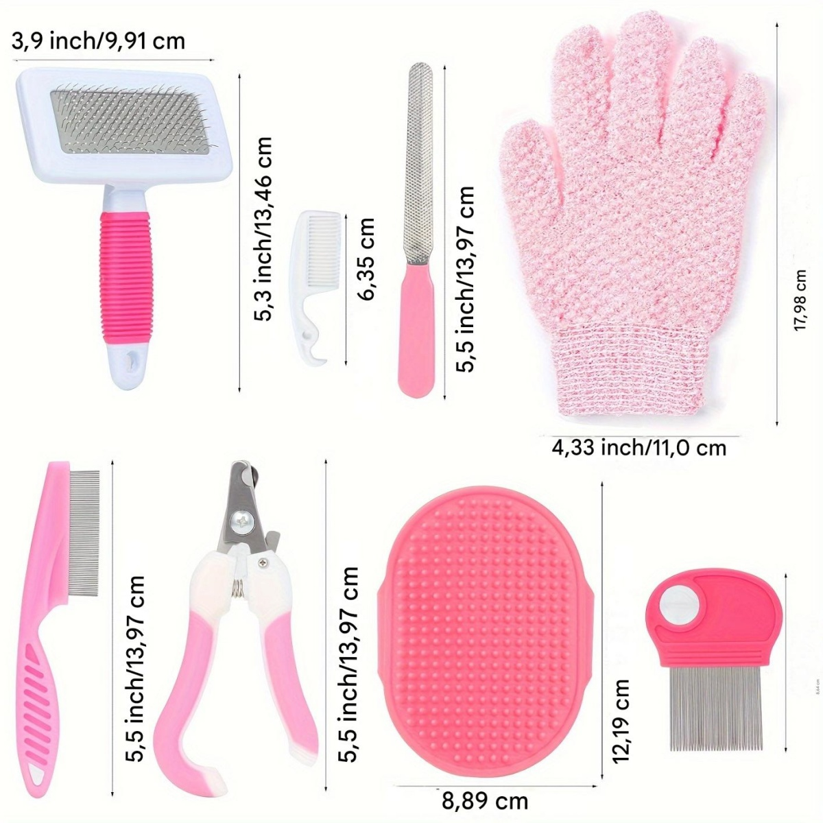 Werkzeuge zur Haustierpflege: Bürste, Kamm, Nagelknipser, Feile, Massagehandschuh und Flohkamm, alle rosa und weiß, mit Abmessungen.