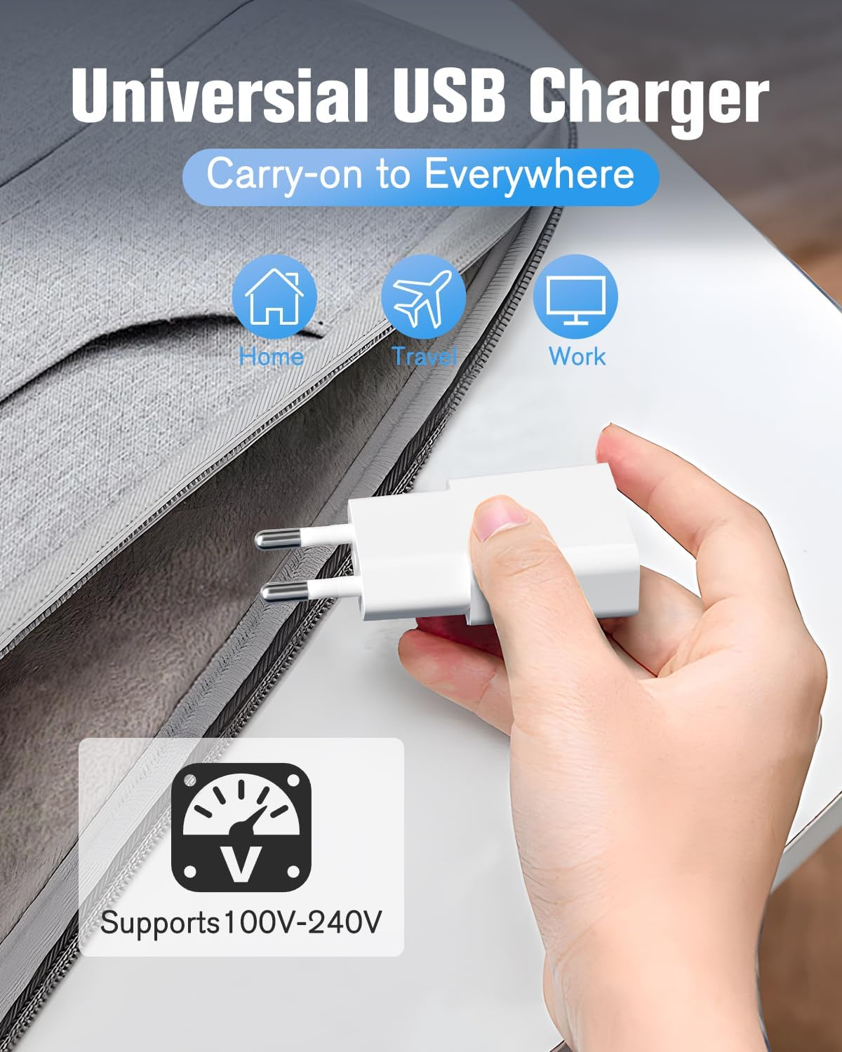 Eine Hand hält ein weißes USB-Ladegerät. Text oben lautet 'Universial USB Charger'. Symbole und Text: Zuhause, Reisen, Arbeit. Unterstützt 100V-240V.