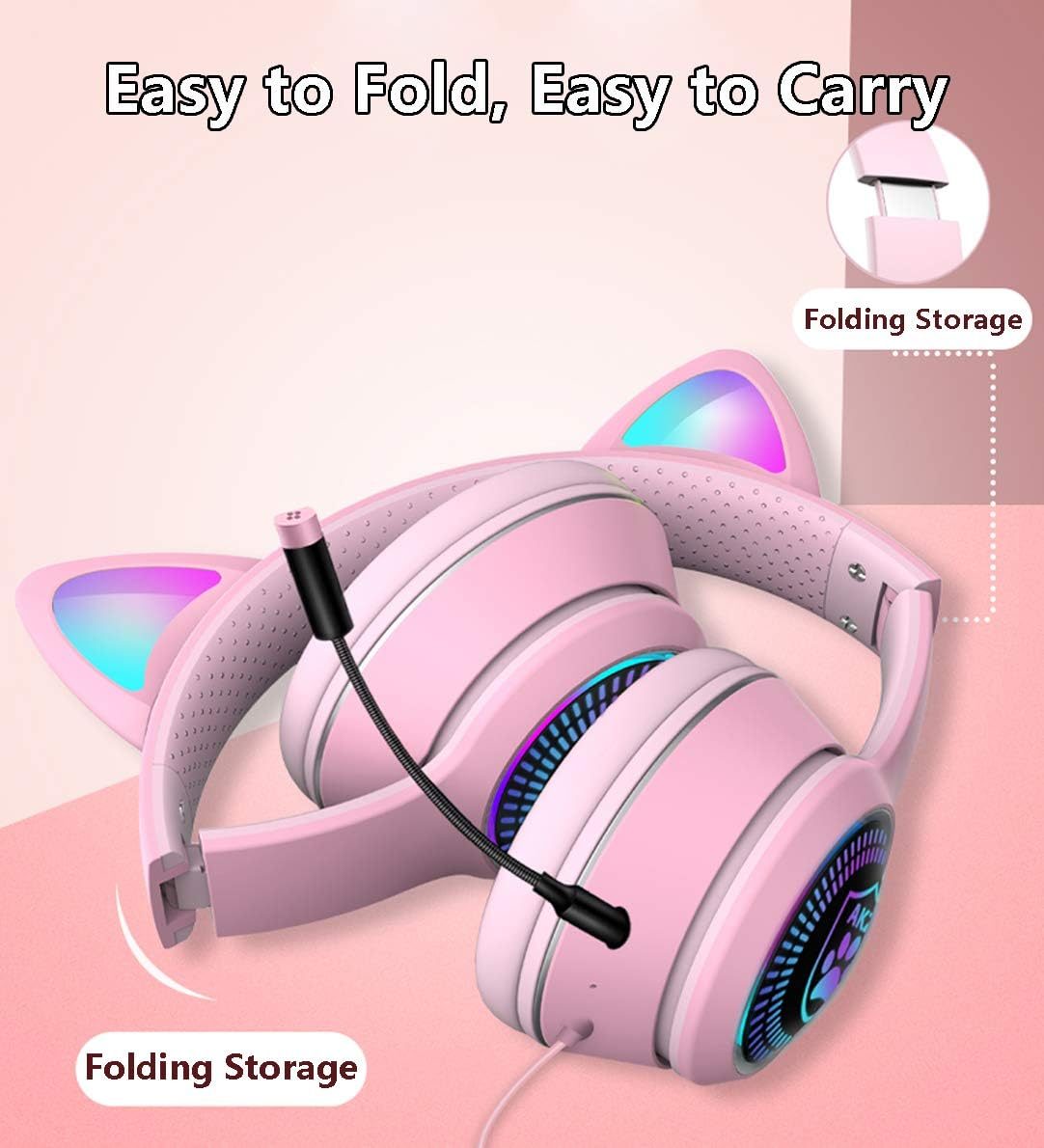 Rosa Katzenohr-Kopfhörer mit schwarzem Mikrofon auf rosa Hintergrund. Text: 'Easy to Fold, Easy to Carry' und 'Folding Storage'.