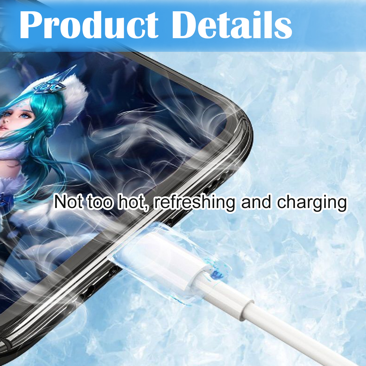 Ein Telefon wird mit einem weißen Kabel aufgeladen. Text sagt 'Produktdetails' und 'Nicht zu heiß, erfrischend und aufladend'.