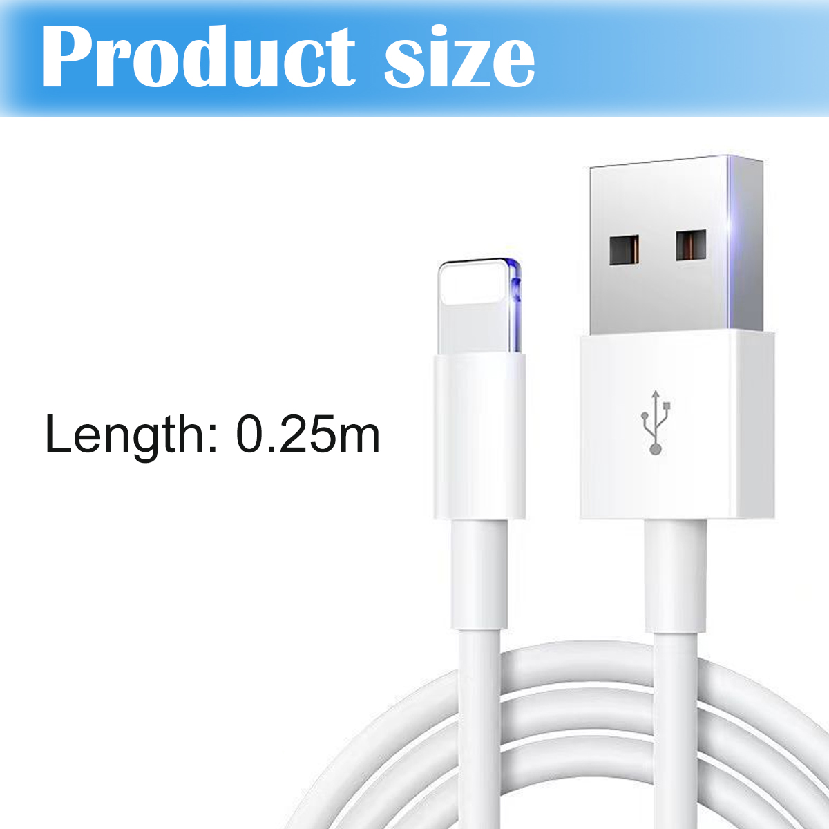 Weißes USB-Ladekabel mit Lightning-Anschluss. Text oben lautet 'Produktgröße' und 'Länge: 0,25 m'.