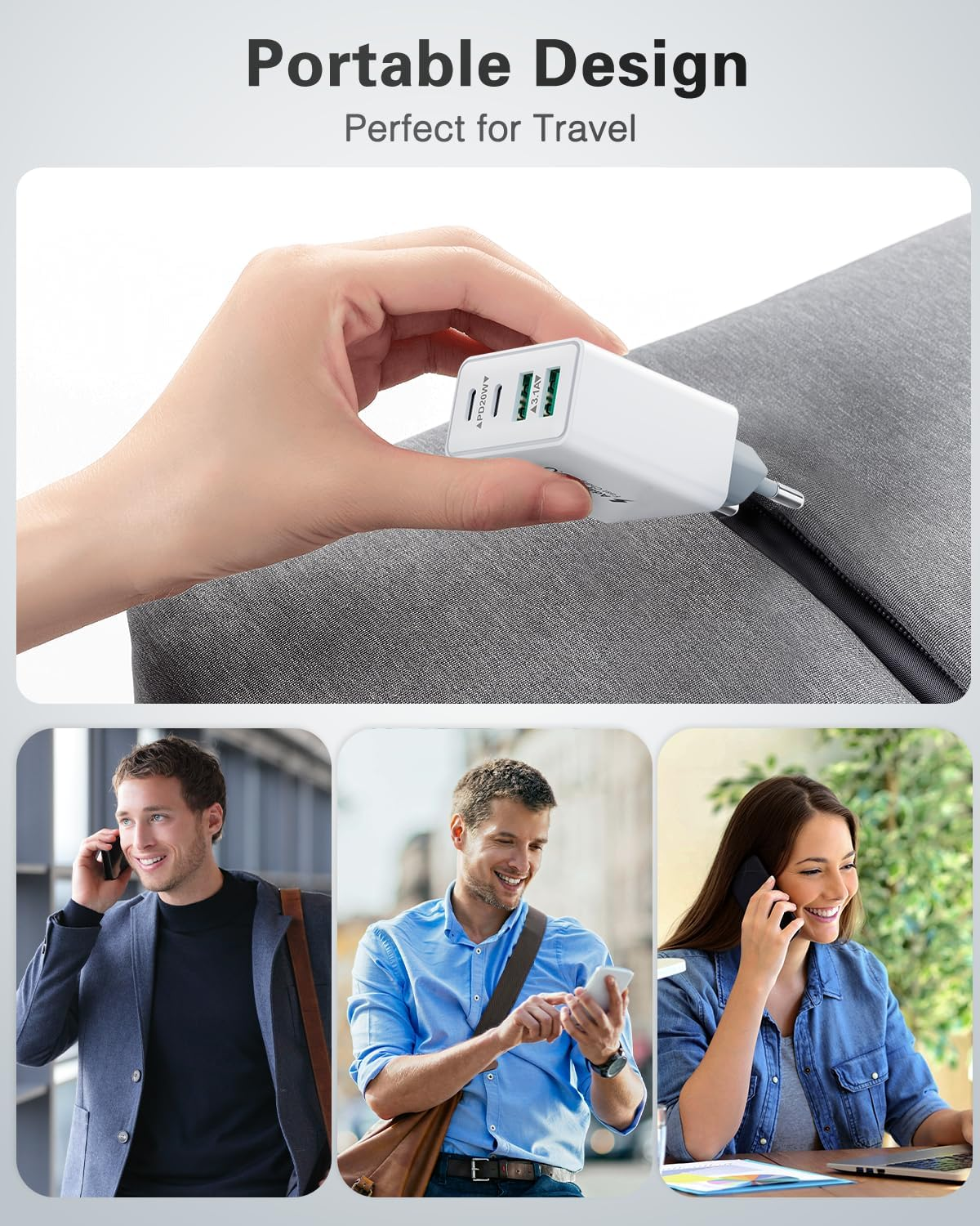 Eine Hand hält ein weißes Ladegerät. Darunter drei Personen, die telefonieren. Text: Tragbares Design, perfekt für Reisen.