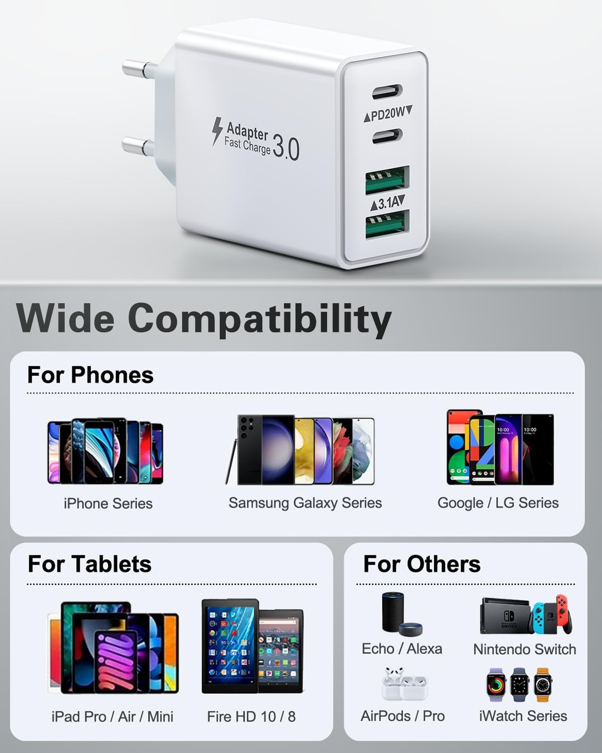 Ein weißes Ladegerät mit mehreren Anschlüssen, beschriftet mit 'Adapter Fast Charge 3.0'. Darunter sind Telefone, Tablets und andere Geräte zur Kompatibilität abgebildet.