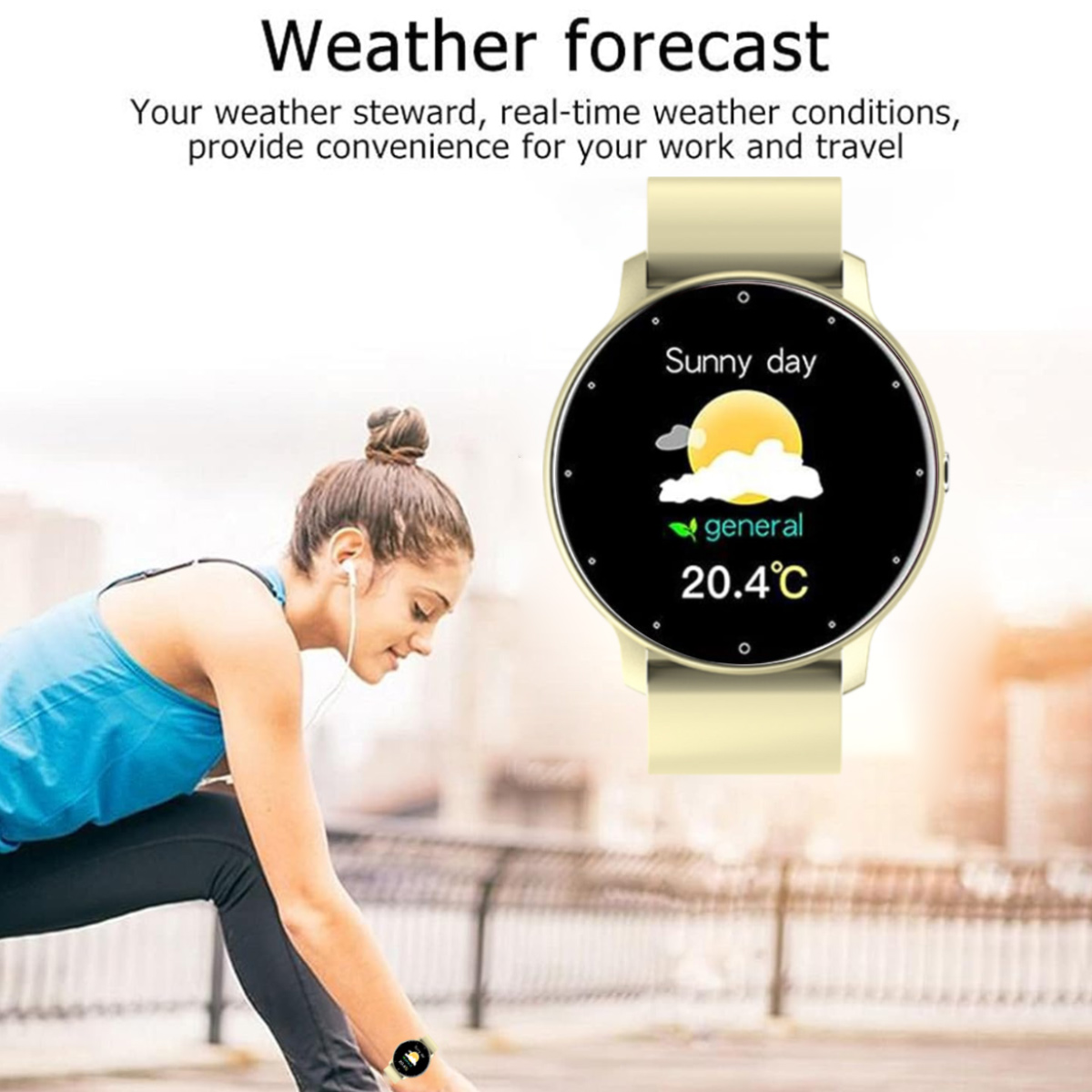 Eine Frau, die eine Smartwatch mit einer sonnigen Wettervorhersage trägt. Sie dehnt sich im Freien und trägt ein blaues Oberteil und eine schwarze Hose.