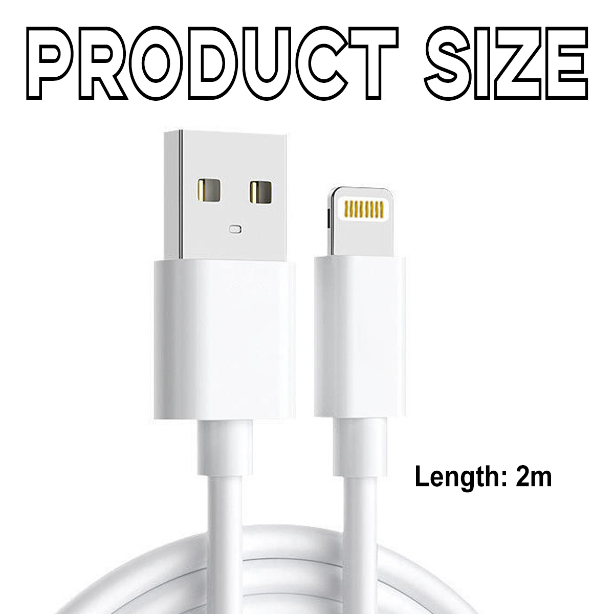 Ein weißes USB-zu-Lightning-Kabel. Der Text "Produktgröße" steht oben. Die Länge beträgt 2 m.