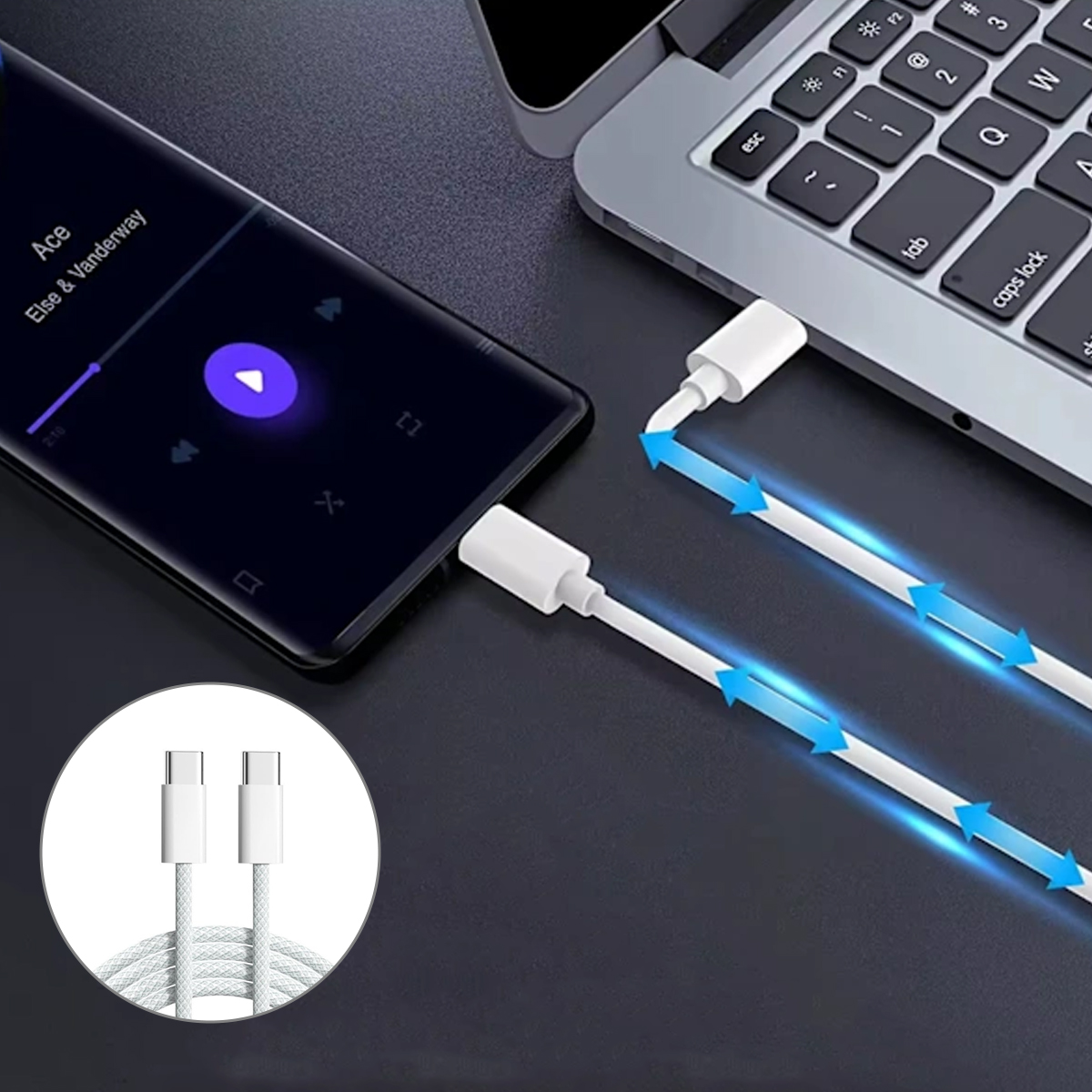 Ein Telefon und ein Laptop sind durch ein weißes USB-C-Kabel verbunden. Das Telefon zeigt eine Musik-App. Eine Nahaufnahme zeigt das Kabel.