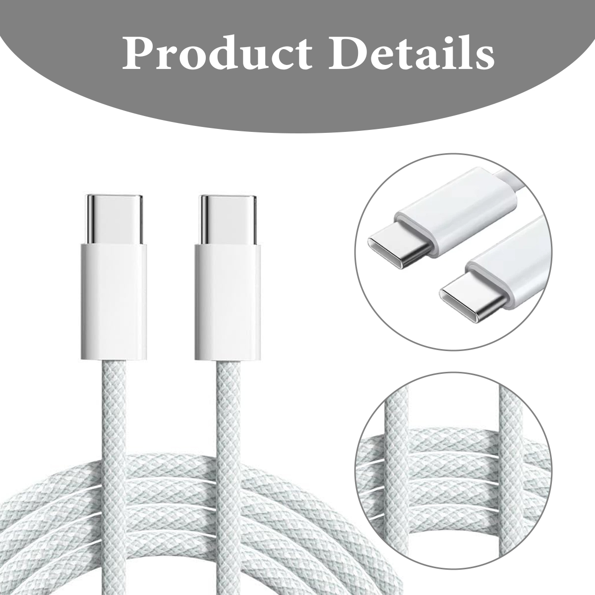 Das Bild zeigt weiße USB-C-Ladekabel. Details umfassen Nahaufnahmen der Stecker und geflochtene Kabelstrukturen, mit dem Text 'Produktdetails'.