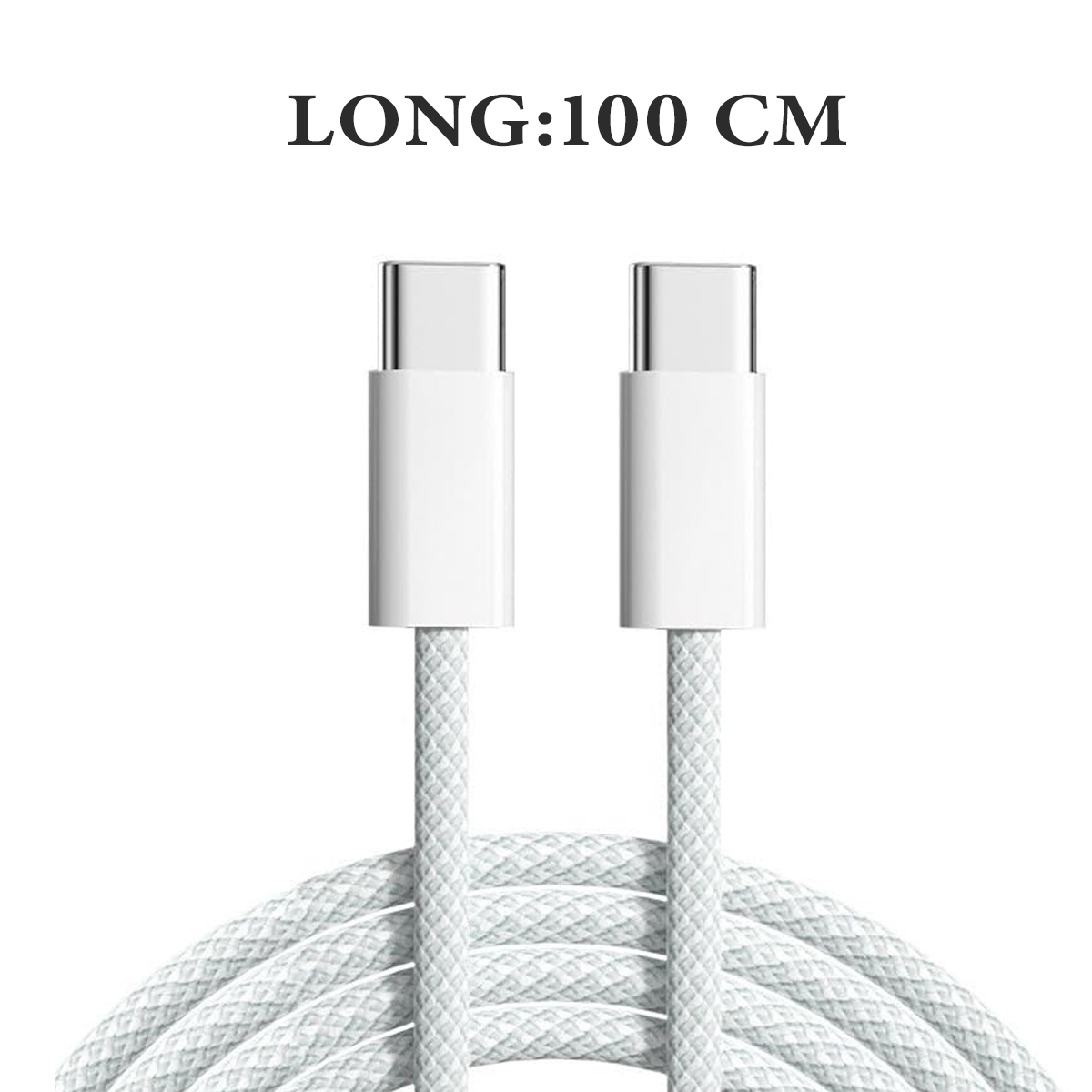 Zwei weiße USB-C-Kabel, unten aufgerollt. Der Text "LONG:100 CM" befindet sich über den Kabeln.
