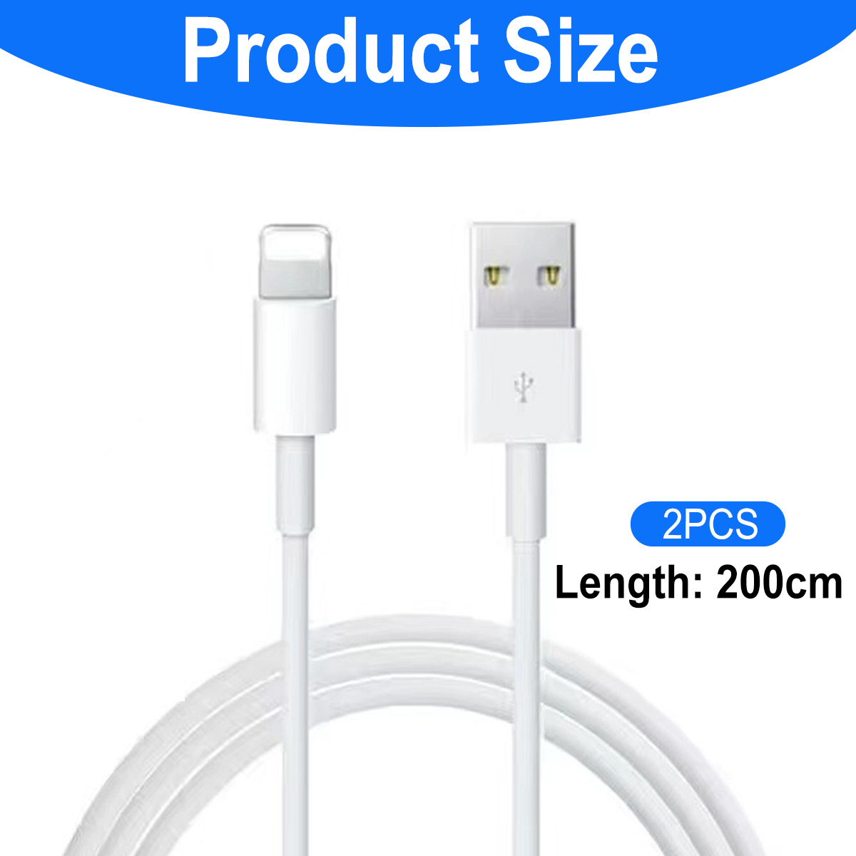 Zwei weiße Ladekabel mit unterschiedlichen Enden werden angezeigt. Text lautet 'Produktgröße' und '2 STK. Länge: 200 cm'.