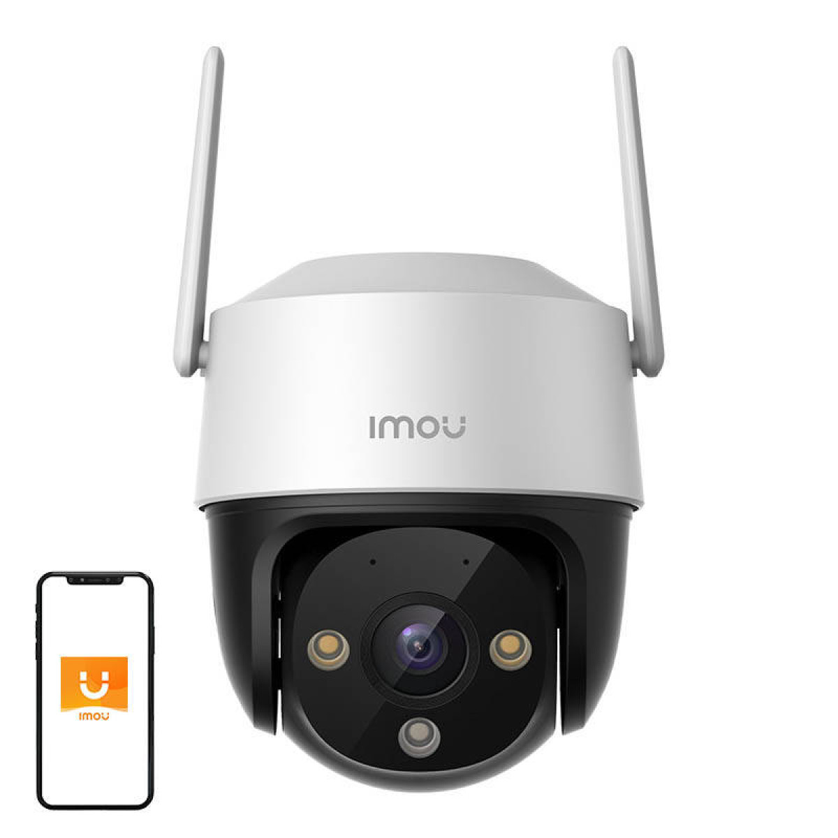 Una telecamera di sicurezza Imou bianca e nera con due antenne. Uno smartphone mostra il logo dell'app Imou.