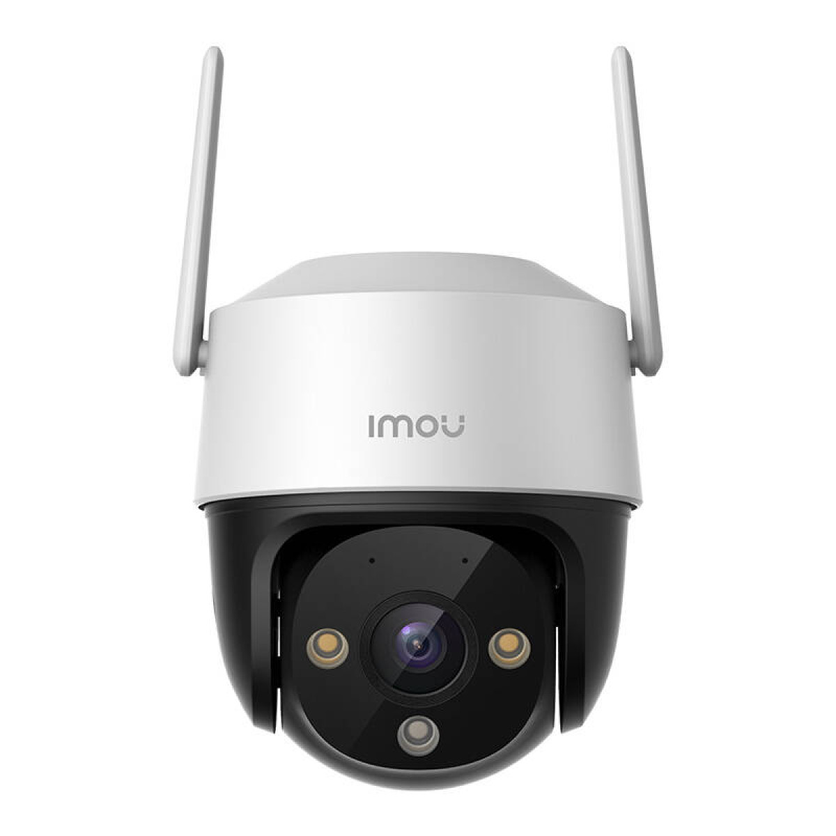 Una telecamera di sicurezza Imou bianca e nera con due antenne. Ha un obiettivo e due luci più piccole.