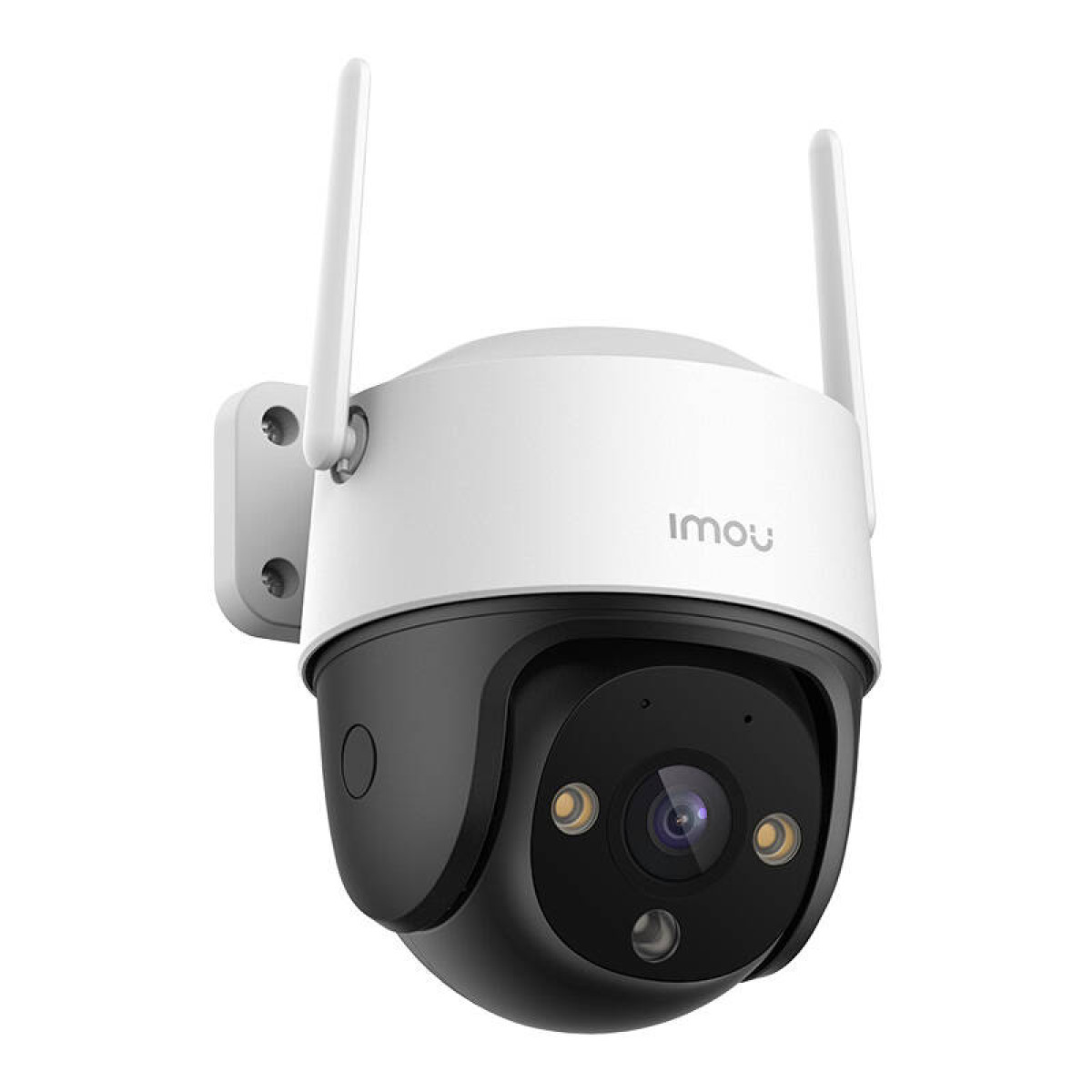 Telecamera di sicurezza Imou bianca e nera con due antenne. È montata su una parete bianca. La fotocamera ha un obiettivo e due luci.