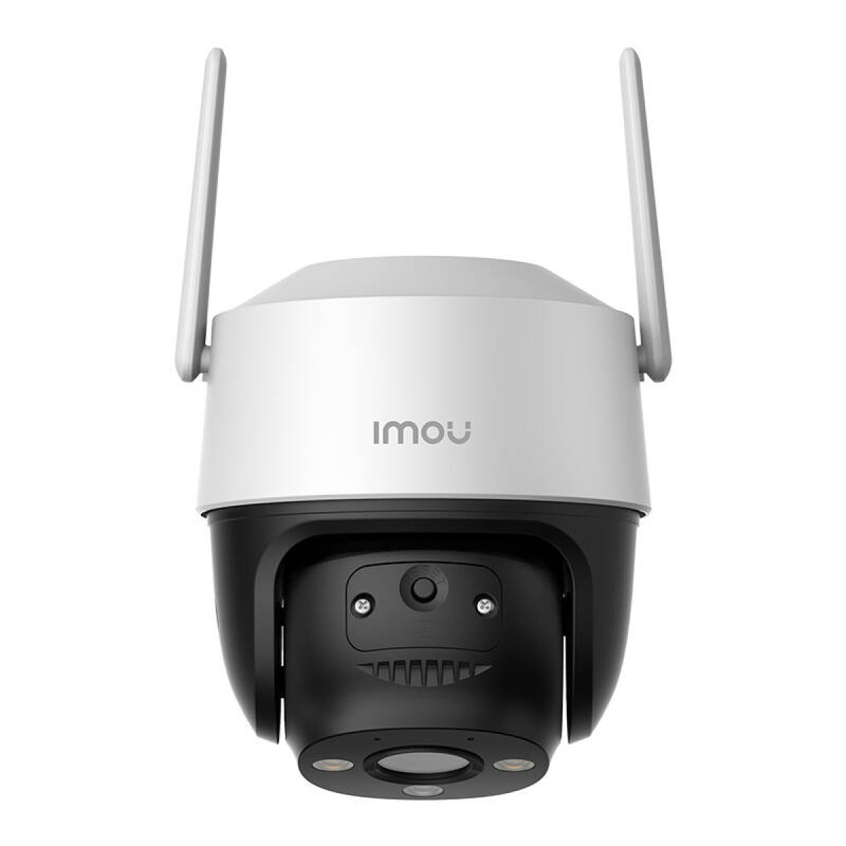Una telecamera di sicurezza Imou bianca e nera con due antenne. La telecamera ha una parte superiore arrotondata e una parte inferiore nera regolabile.