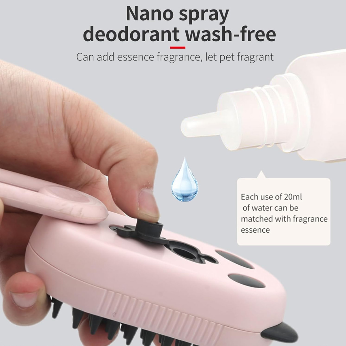 Eine Hand hält eine rosa Tierpflegebürste und eine weiße Flasche. Eine Wassertropfen-Grafik wird gezeigt. Text sagt 'Nano-Spray-Deodorant'.