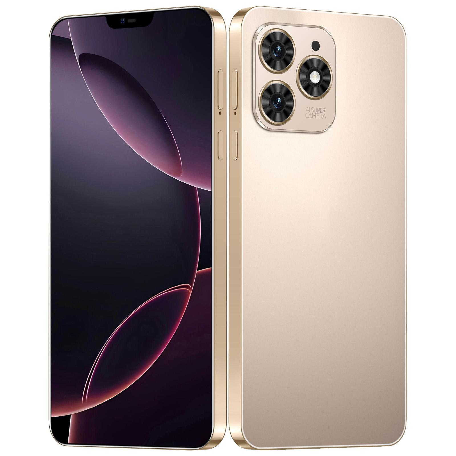 Goldenes Smartphone mit drei Kameralinsen. Der Bildschirm zeigt ein dunkelviolettes Design. Das Telefon hat eine KI-Superkamera.