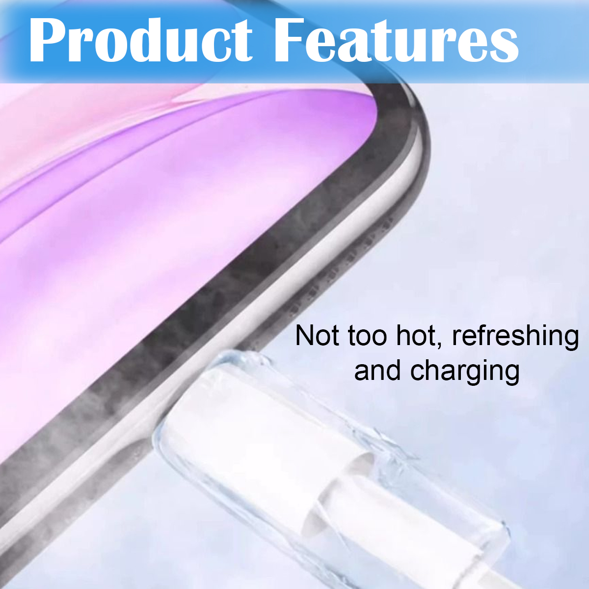 Ein Telefon wird mit einem weißen Kabel geladen. Das Telefon hat einen lila Bildschirm. Der Text lautet 'Produktmerkmale' und 'Nicht zu heiß, erfrischend'.