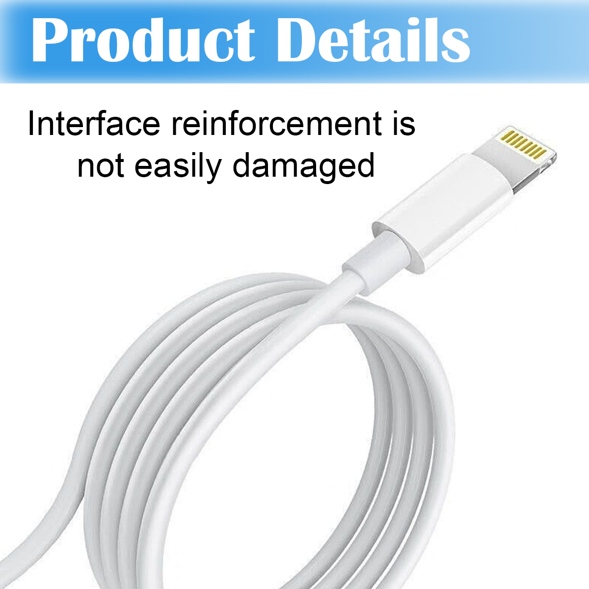 Weißes Ladekabel mit Lightning-Anschluss. Text: 'Produktdetails' und 'Schnittstellenverstärkung ist nicht leicht beschädigt'.