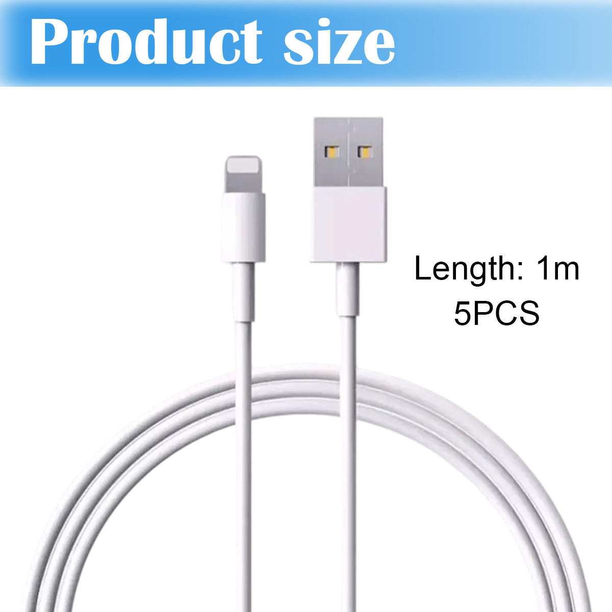 Weiße USB-Kabel mit Lightning- und USB-Anschlüssen. Text zeigt eine Länge von 1 m und 5 Stück.