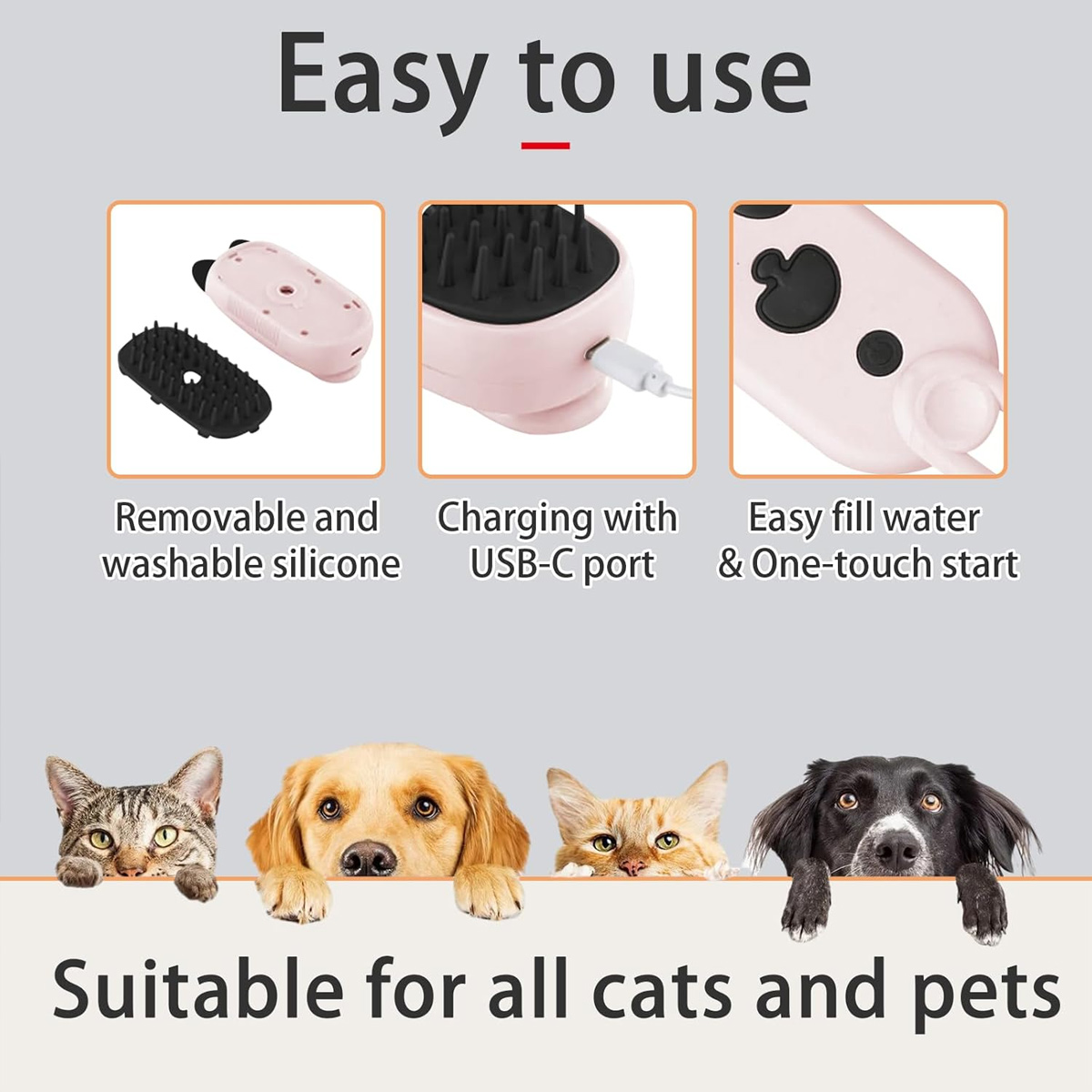 Das Bild zeigt Tierpflege-Werkzeuge mit einer Katze, einem Hund und zwei weiteren Haustieren. Text hebt Funktionen und Eignung hervor.