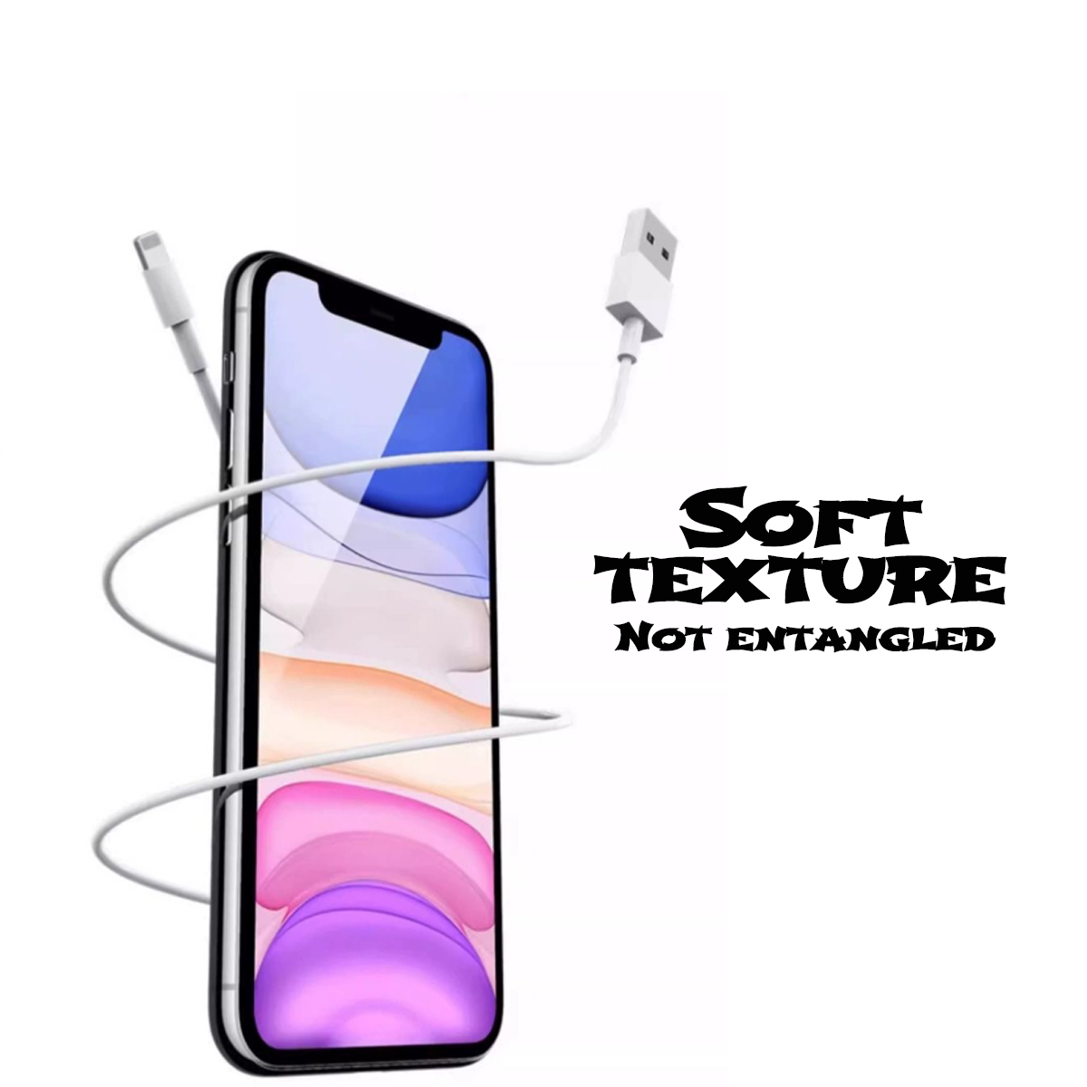 iPhone mit Ladekabel auf weißem Hintergrund. Text: Weiche Textur, nicht verwickelt.