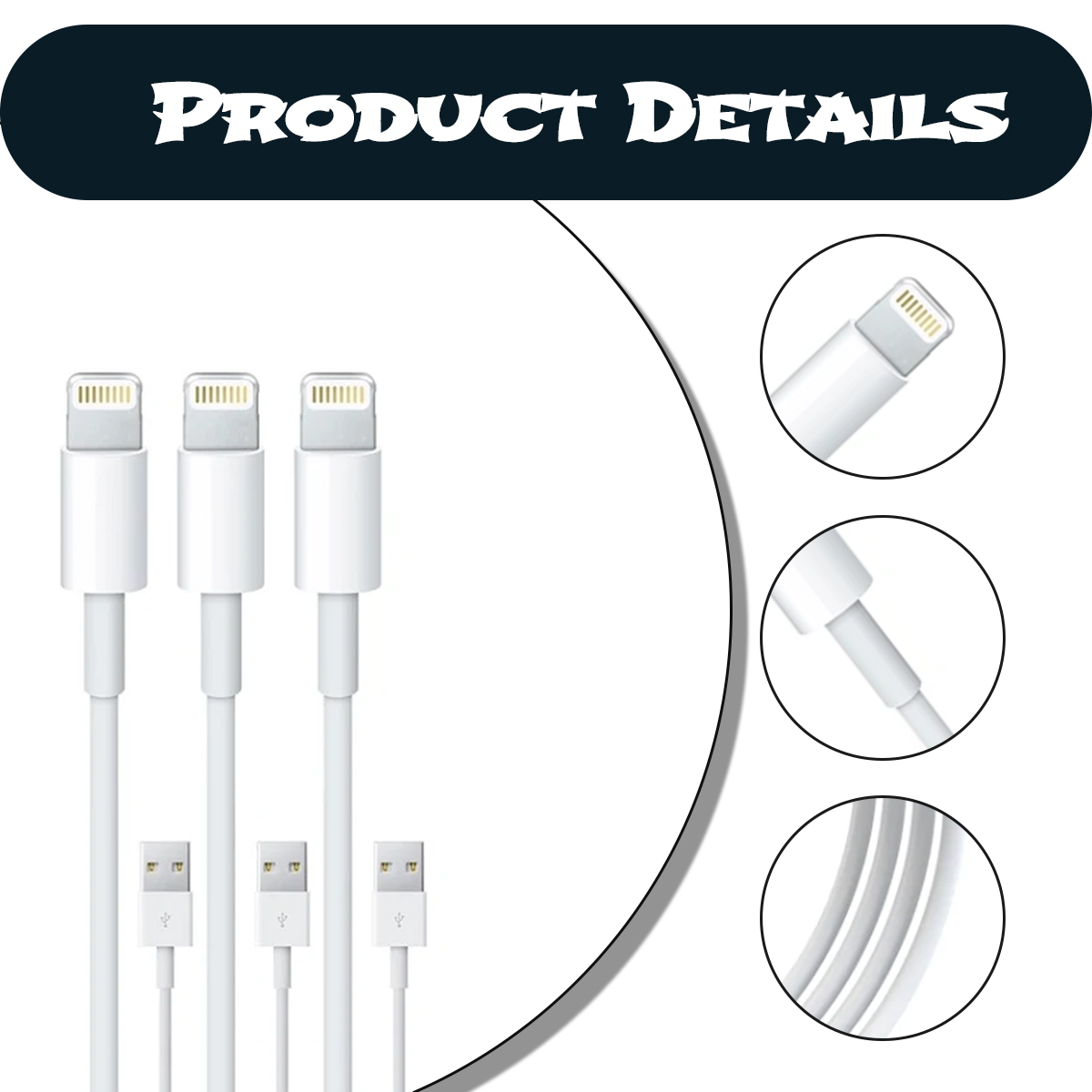 Das Bild zeigt weiße Ladekabel mit Lightning-Anschlüssen und USB-Anschlüssen. Produktdetails werden im Hintergrund angezeigt.
