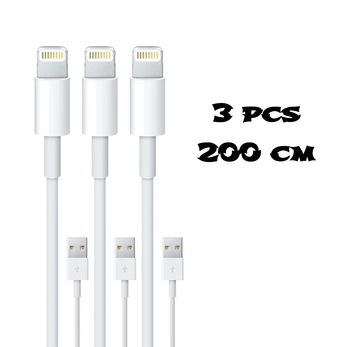 Drei weiße Ladekabel mit Lightning- und USB-Anschlüssen. Text: '3 PCS 200 CM' auf weißem Hintergrund.