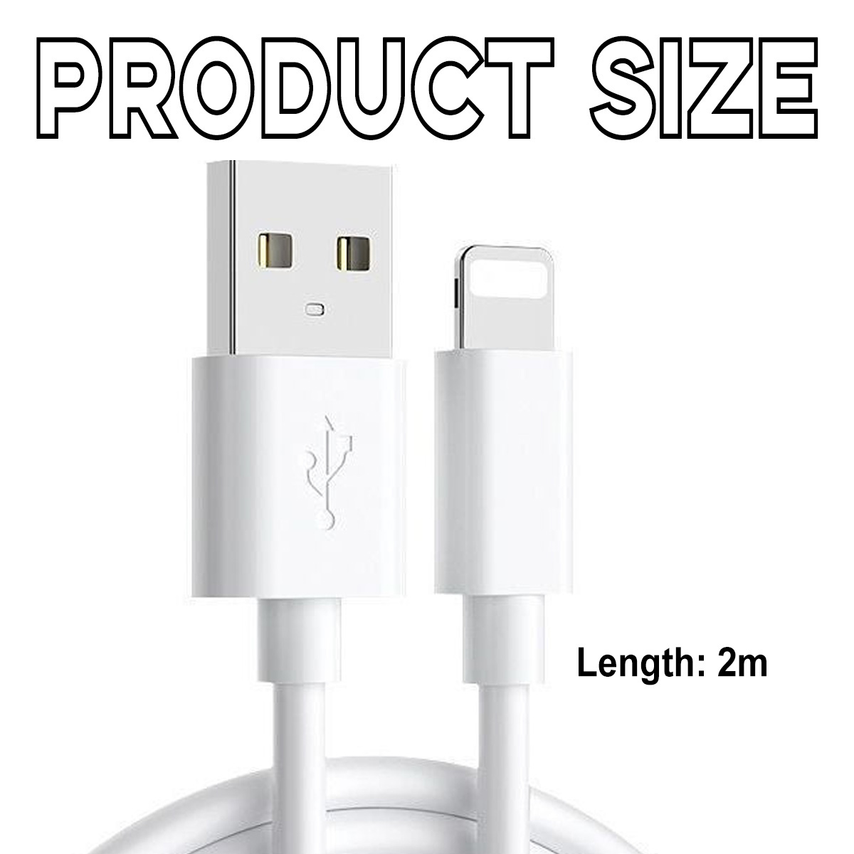 Ein weißes USB-Ladekabel wird angezeigt. Oben steht 'PRODUCT SIZE', unten 'Length: 2m'.