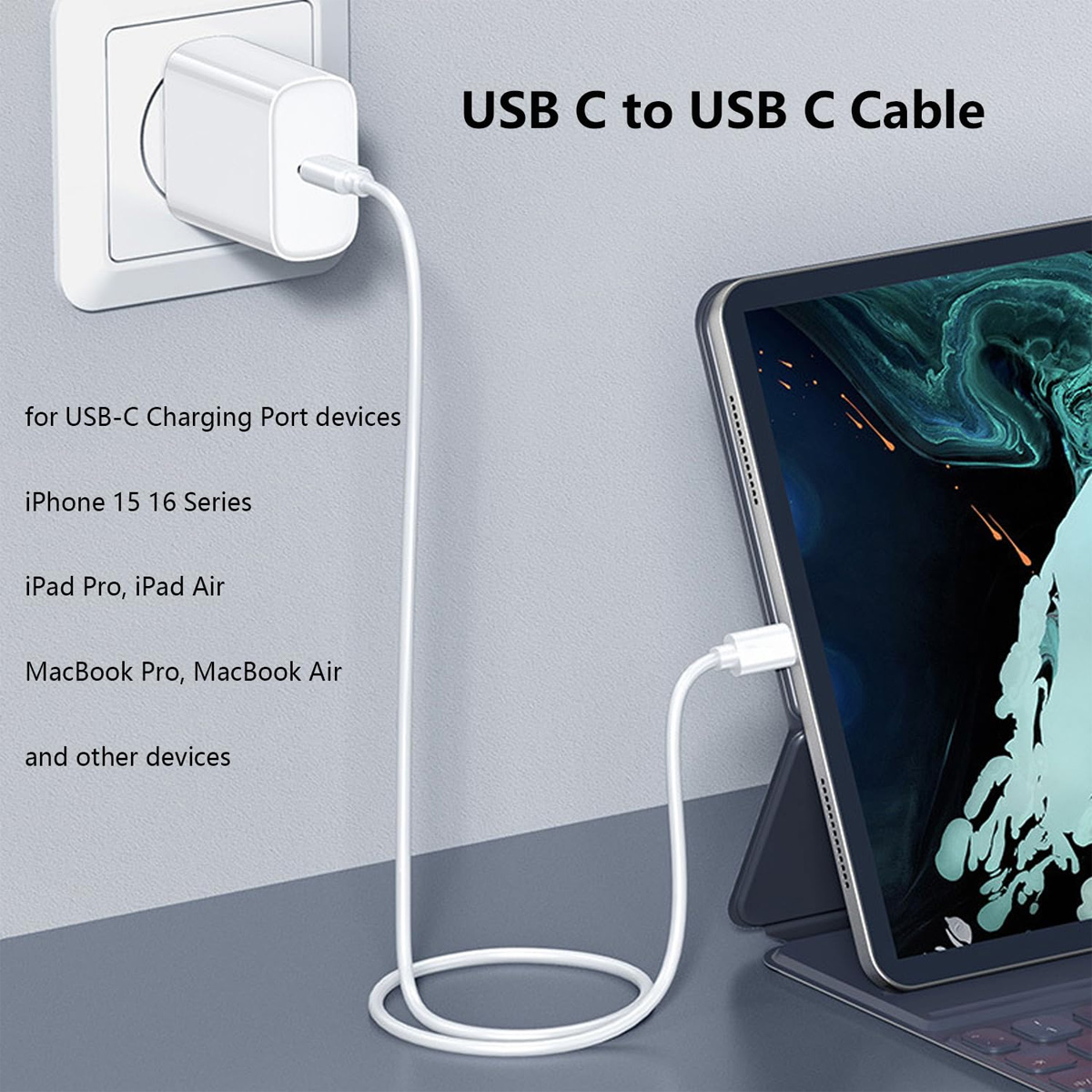 Weißes USB-C-Kabel verbindet ein weißes Ladegerät mit einem Tablet. Text: USB-C-auf-USB-C-Kabel, für iPhone, iPad, MacBook und andere Geräte.