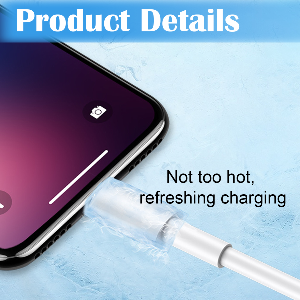 Ein Telefon, das mit einem weißen Kabel aufgeladen wird. Der Bildschirm ist eingeschaltet und zeigt einen lila Farbverlauf. Text: Produktdetails und Nicht zu heiß, erfrischendes Laden.