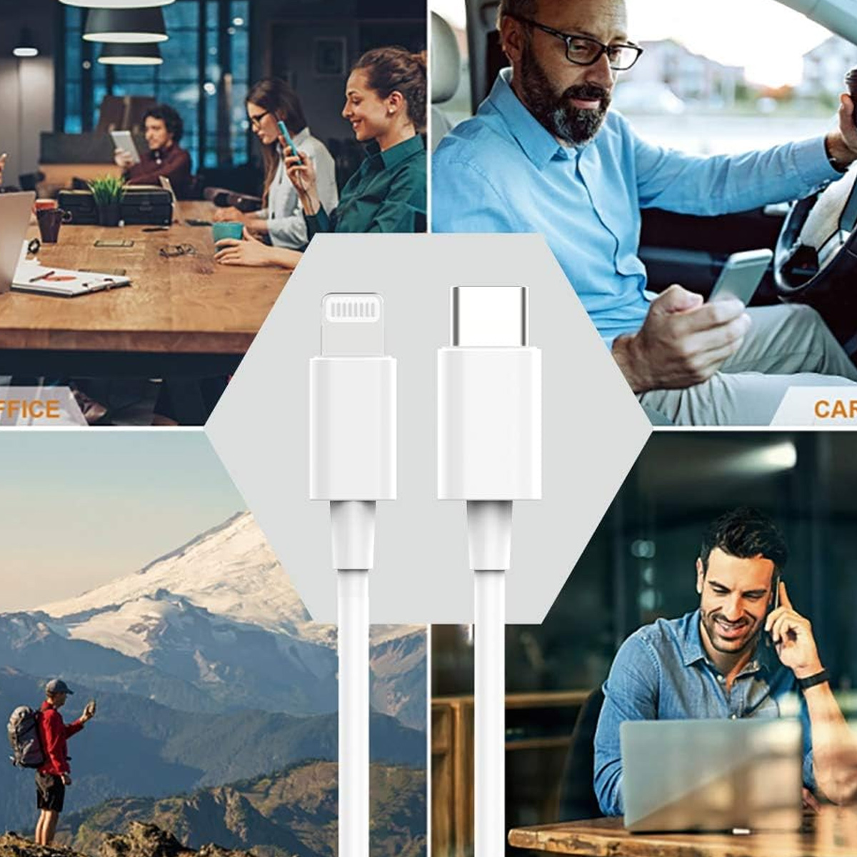 Das Bild zeigt ein weißes Ladekabel mit zwei verschiedenen Anschlüssen. Menschen befinden sich im Büro, im Auto und in Berggebieten und benutzen Geräte.