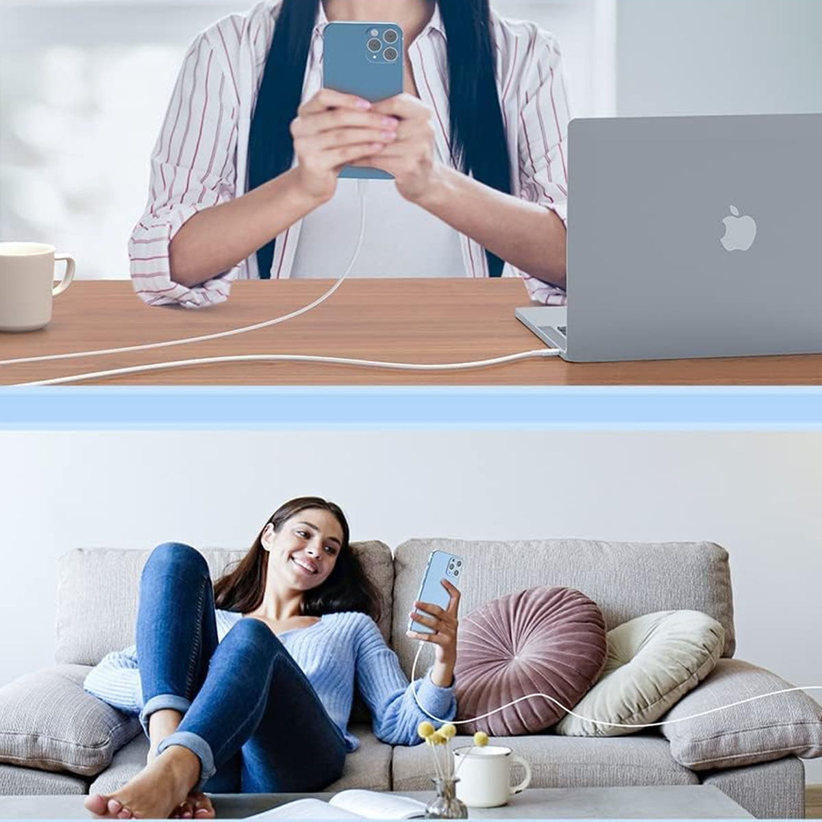 Eine Frau hält ein Telefon, das über ein Kabel mit einem Laptop verbunden ist. Eine andere Frau auf einer Couch benutzt ebenfalls ein Telefon.