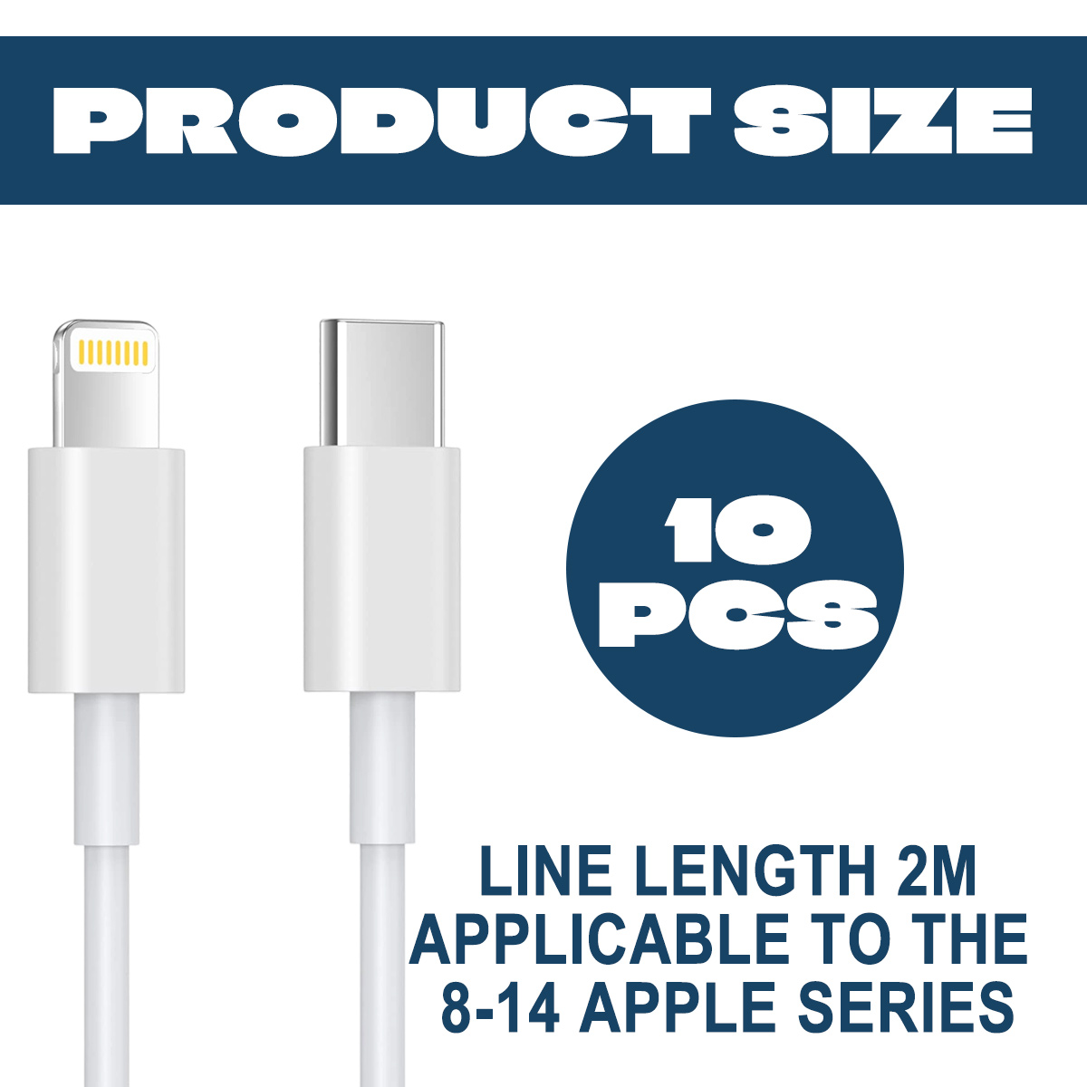 Das Bild zeigt zwei weiße Ladekabel mit unterschiedlichen Steckern. Text zeigt Produktgröße, 10 Stück, Leitungslänge 2m und Apple-Serien-Kompatibilität an.