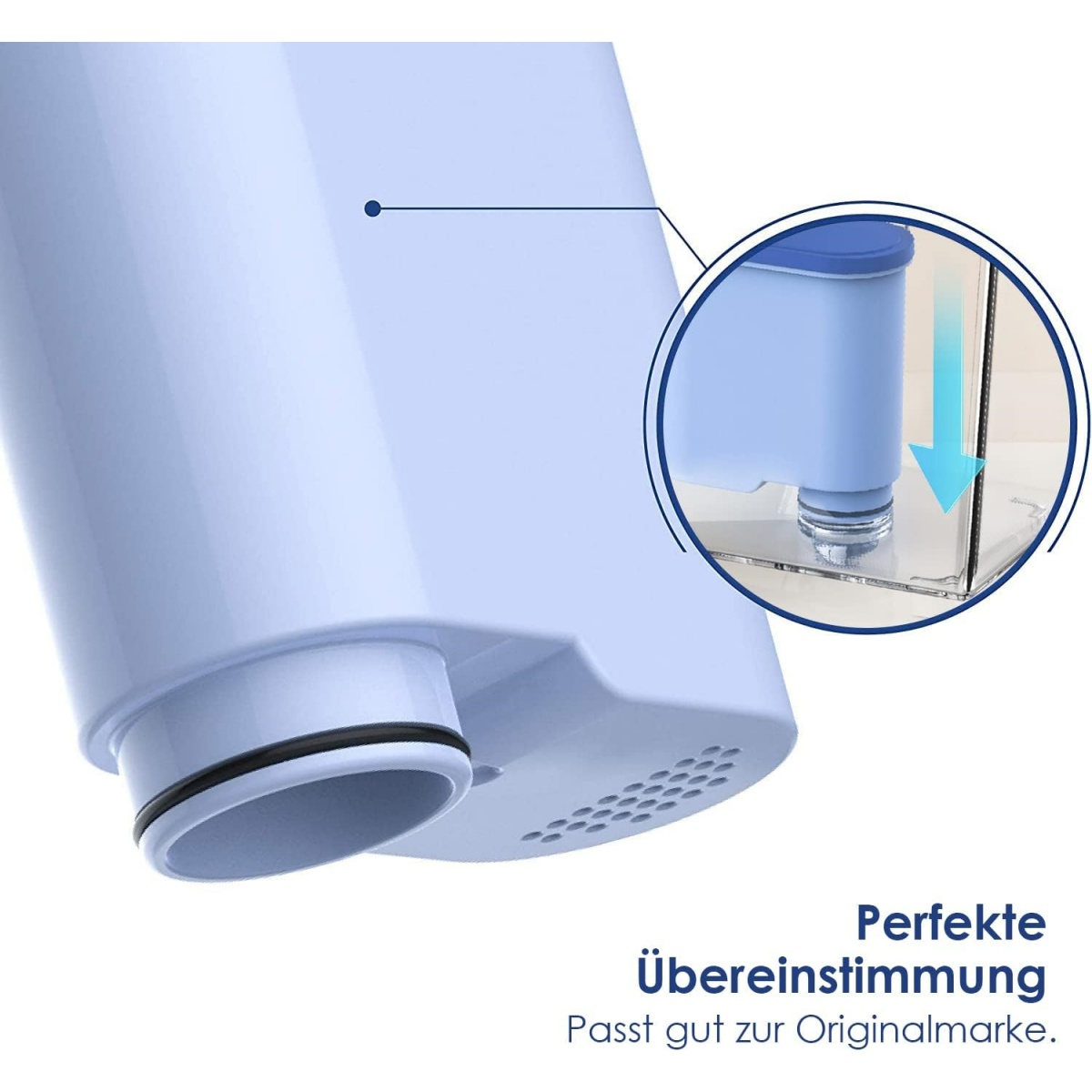 Nahaufnahme eines blauen Wasserfilters mit einer Einlage, die den Wasserfluss zeigt. Text auf Deutsch: 'Perfekte Übereinstimmung'.