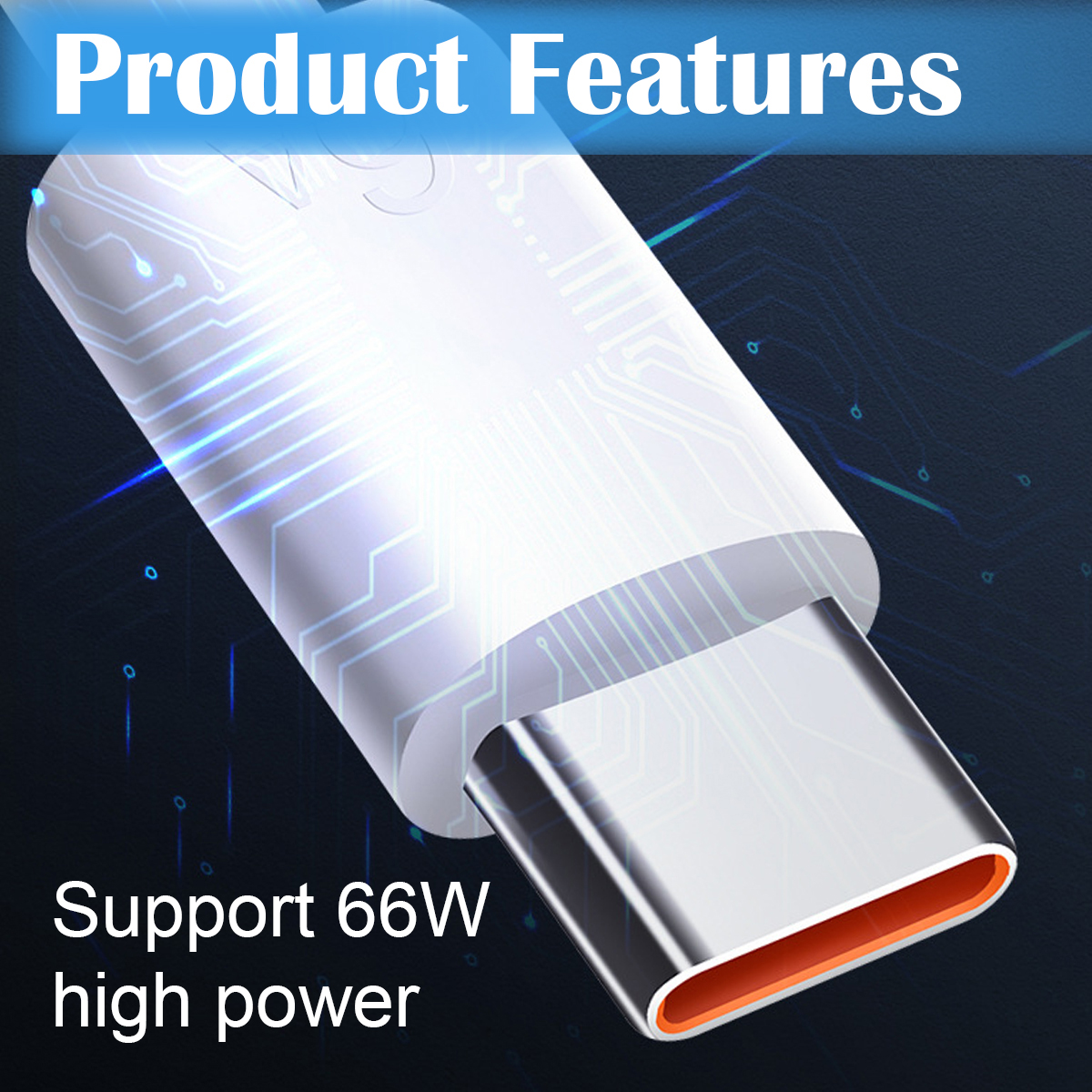 Ein weißes USB-C-Kabel mit orangefarbenem Innenraum. Text: 'Produktmerkmale' und 'Unterstützung 66 W hohe Leistung'.