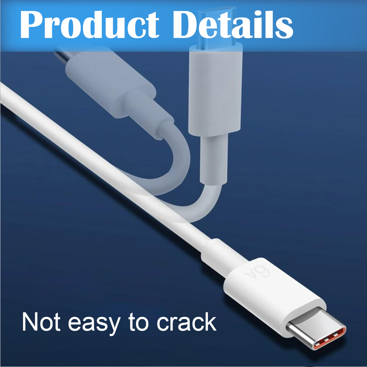 Ein weißes USB-C-Kabel mit weißen und hellblauen Steckern auf blauem Farbverlauf. Text: 'Produktdetails' und 'Nicht leicht zu knacken'.