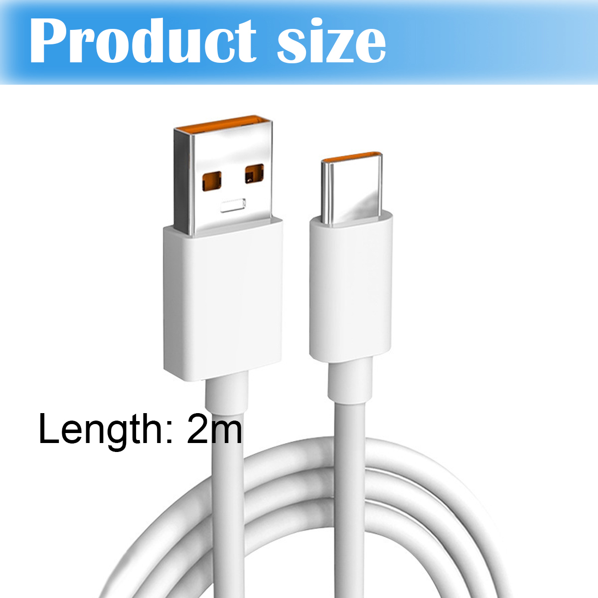 Ein weißes USB-Kabel mit USB-A- und USB-C-Anschlüssen. Der Text auf dem Bild lautet 'Produktgröße' und 'Länge: 2m'.