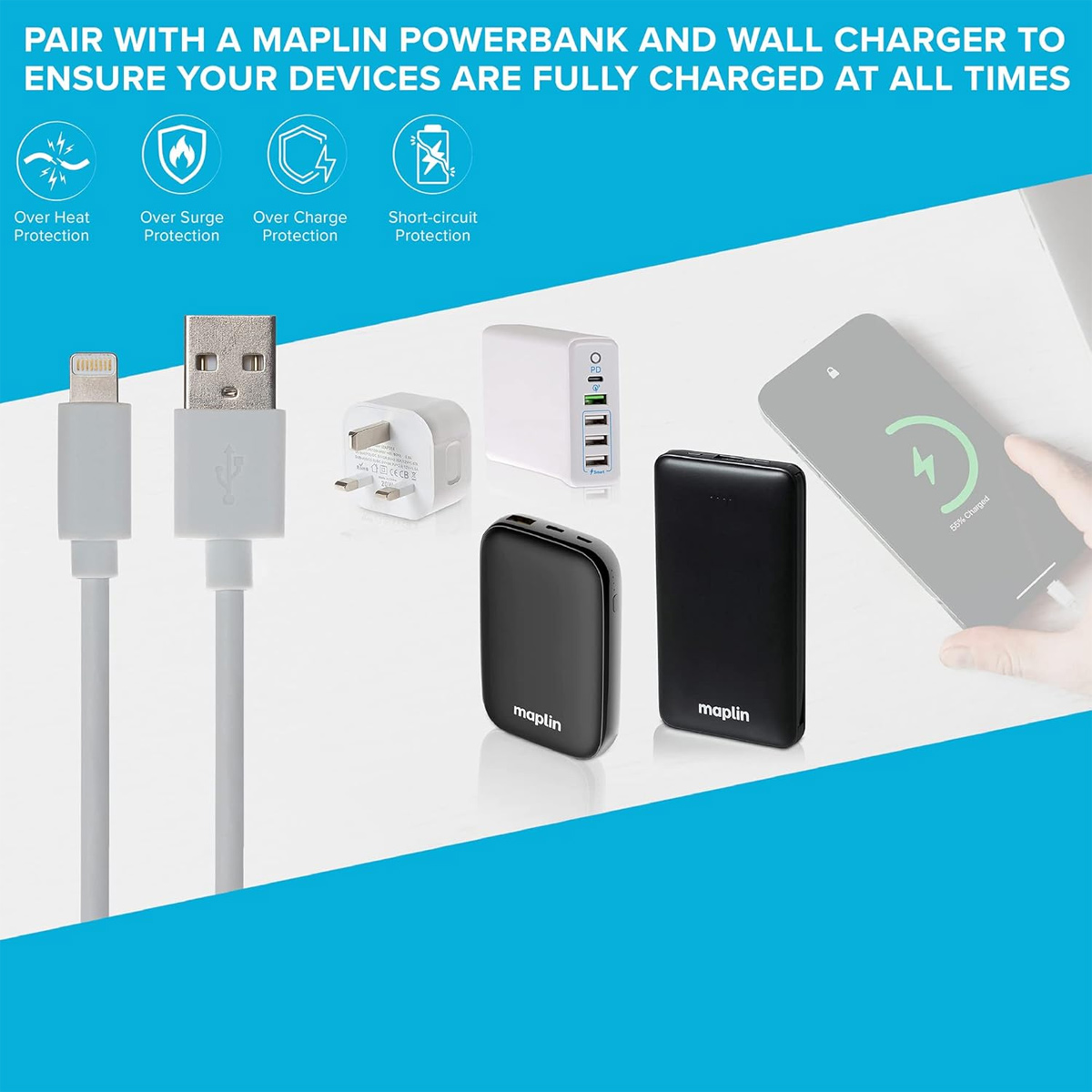 Das Bild zeigt Ladegeräte, Powerbanks und ein ladendes Telefon. Der Text enthält 'Maplin' und Schutzarten: Hitze, Überspannung, Ladung und Kurzschluss.