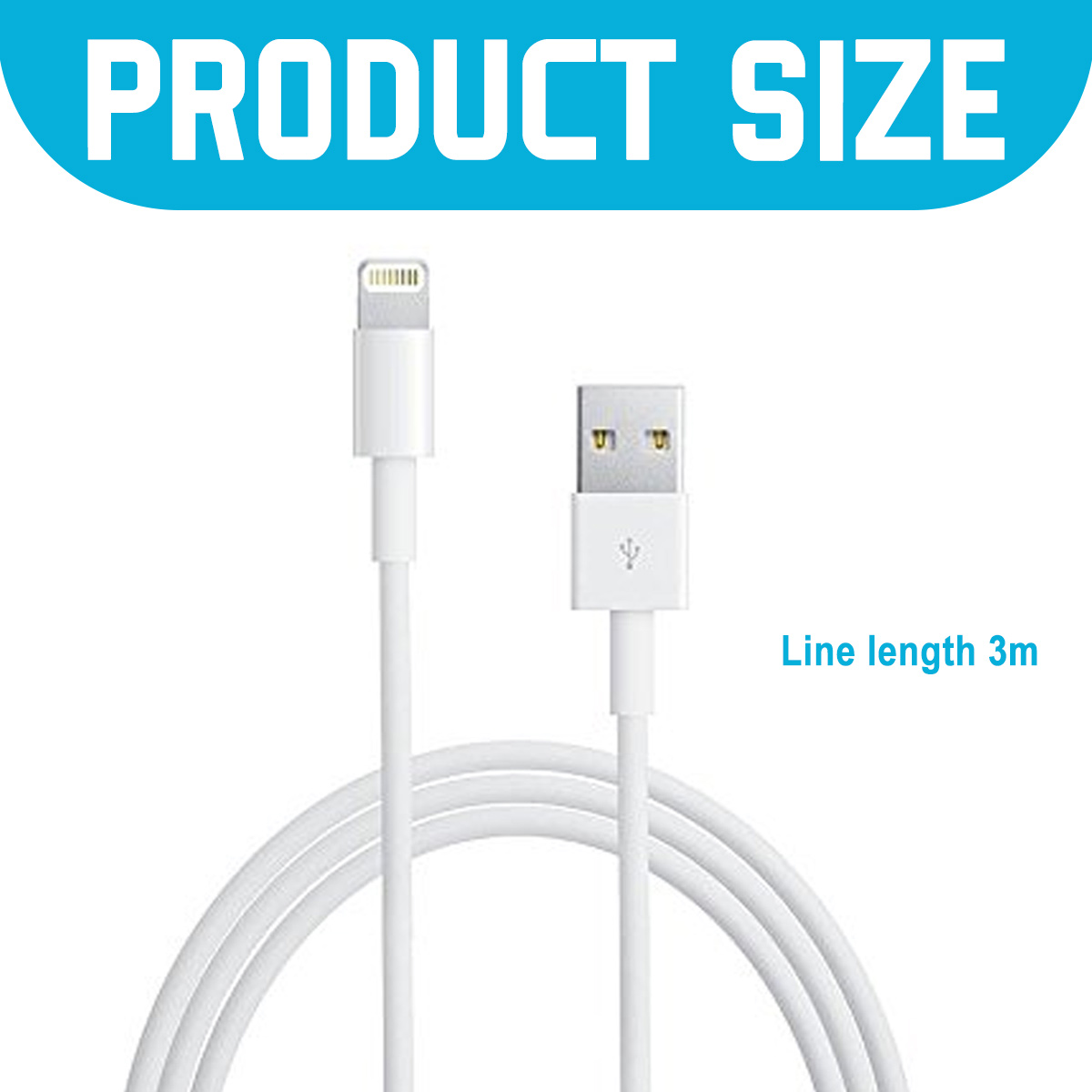 Weißes Ladekabel mit Lightning- und USB-Anschlüssen. Text 'PRODUCT SIZE' und 'Line length 3m' sind sichtbar.