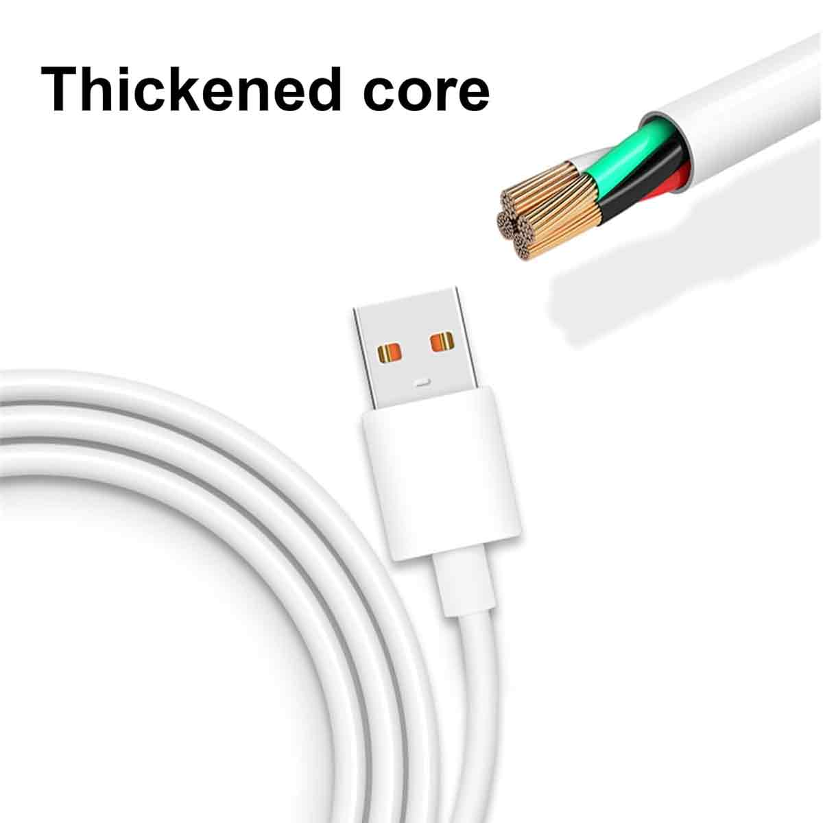 Ein weißes USB-Kabel, dessen Ende abgeschnitten ist, um die inneren Drähte zu zeigen. Die Drähte sind grün, schwarz, rot und kupferfarben.
