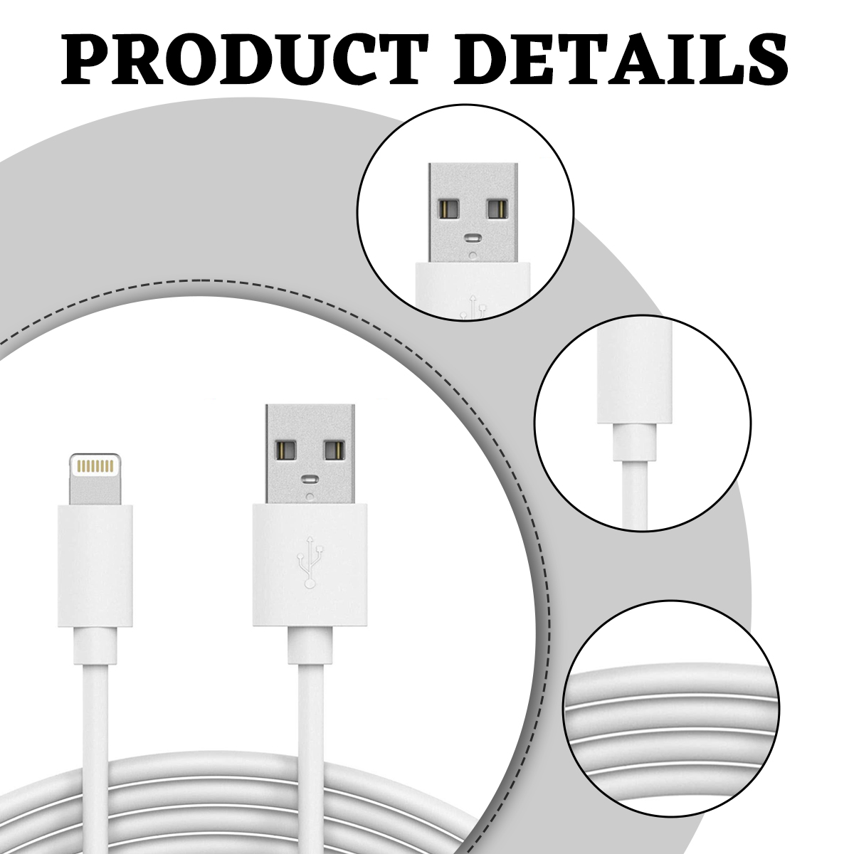 Weiße USB-Kabel mit verschiedenen Anschlüssen. Detailaufnahmen zeigen die Anschlüsse und Kabelbiegungen vor weißem Hintergrund.